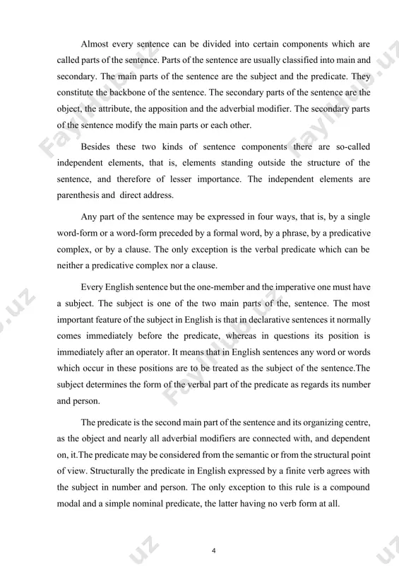 their grammatical meaning; 2) their form 3) their syntactical characteristics. by the first we understand the meaning common to all the words of the class, such as thingness for the noun or either process or state for the verb. by the second we mean the morphological characteristics of the class meant, such as the number of the noun or the voice of the verb. by the third - the combinability and the syntactical functions of a type of word. the objectives of this scientific work is to represent ascending steps to the main goal of the project: 1. to define the notion of the subject; 2. to present the classification of the subject according to the theoretical sources of the examined works of the linguists. 3. agreement of the subject with the predicate the aim of the theme is to identify the main features of the subject in the sentence, …