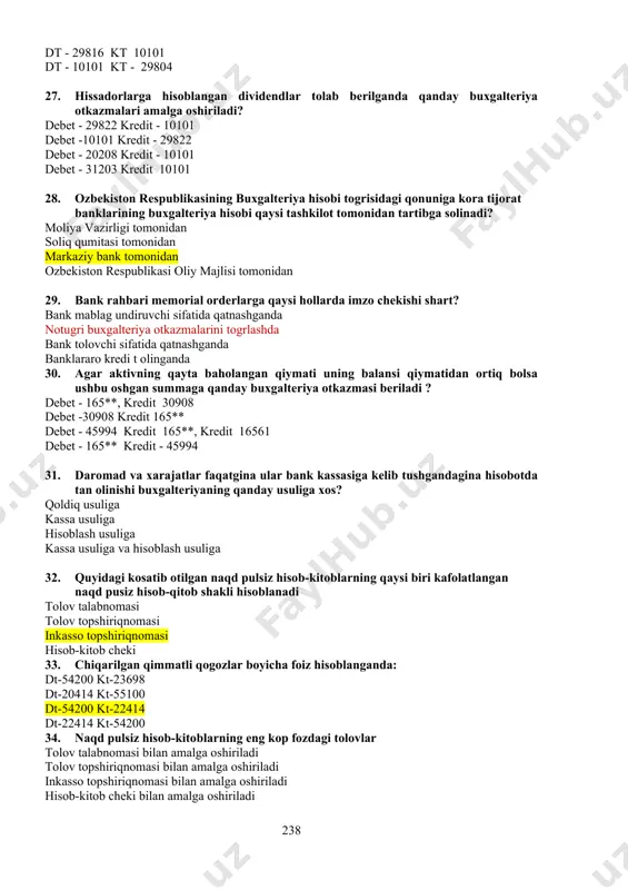 14 kt-55100 dt-54200 kt-22414 dt-22414 kt-54200 34. naqd pulsiz hisob-kitoblarning eng ko�p fozdagi to�lovlar to�lov talabnomasi bilan amalga oshiriladi to�lov topshiriqnomasi bilan amalga oshiriladi inkasso topshiriqnomasi bilan amalga oshiriladi hisob-kitob cheki bilan amalga oshiriladi 35. bank tomonidan chiqarilgan qimmatli qog�ozlar bo�yicha foizli xarajatlar qaysi hisobvaraqlarda olib boriladi 54202-54210 31206-31203 50603-51206 50321-50324 36. yuridik shaxslarning talab qilib olingucha depozit hisobvarg�ida mablag�i bo�lmasa 9 oy so�ng hisobvarag�i yopiladi 6 oy so�ng hisobvarag�i yopiladi 12 oy so�ng hisobvarag�i yopiladi 1 oy so�ng hisobvarag�i yopiladi 37. diskont bilan realizatsiya qilingan qimmatli qog�ozlar bo�yicha qo�shimcha diskont summasini foizli xarajatlarga olib borilganda: dt-54200 kt-23698 dt-54200 kt-26968 dt-23698 kt-54200 dt-54200 kt-23610 38. bank omboridan kbteb foydalanishga berildi: dt-56406 kt-19921 dt-19921 kt-56406 dt-19903 kt-56406 dt-19921 kt-16103 39. vakkilik hisobvaraqlari necha turga bo�linadi: ikki turga uch turga to�rt turga besh turga 40. qo�yidagilarning qaysi biri balansning passiv qismiga tegishli emas? zaxira kapitali taqsimlanmagan foyda ustav kapitali kelgusi davr xarajatlari …