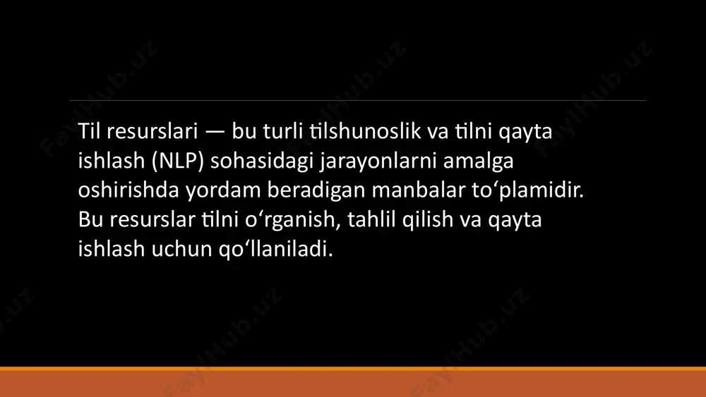 to'plamlari, til modellari, mashina tarjimasi tizimlari va boshqalar. 5 til resurslarining ahamiyati tilni o'rganish til resurslari til o'rganish jarayonini tezlashtiradi, grammatika va leksikaga oid ma'lumotlarni taqdim etadi. tilni tahlil qilish til resurslari tilning tuzilishi, funksiyasi va rivojlanishi haqida ilmiy tadqiqotlar olib borishga imkon beradi. tilni qo'llash til resurslari tilga asoslangan dasturlar, masalan, mashina tarjimasi tizimlari, nutqni tanib olish va boshqalarni yaratishda qo'llaniladi. 6 til resurslarini tanlash maqsad birinchi navbatda, til resurslaridan foydalanish maqsadi aniqlanishi kerak. qaysi maqsadga erishmoqchi ekanligingizni o'ylab ko'ring. til til resurslari ma'lum bir tilga mos kelishi kerak. tilga qarab turli xil resurslar mavjud. sifat til resurslarining sifati juda muhim. ishonchli va to'g'ri ma'lumotlarga ega bo'lgan resurslarni tanlang. format til resurslari turli xil formatlarda mavjud. sizga mos formatda bo'lgan resurslarni tanlang. 7 til resurslarini tahlil qilish ma'lumotlarni to'plash birinchi qadam - kerakli ma'lumotlarni to'plash. bu lug'atlar, korpuslar, grammatik qoidalar va boshqalarni o'z ichiga oladi. tahlil to'plangan ma'lumotlarni sinchkovlik …
