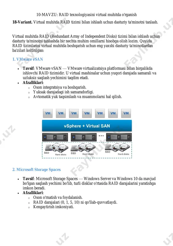 linux operatsion tizimlarida raid massivi yaratish va boshqarish uchun ishlatiladigan qo'mondon.  afzalliklari: o kuchli va moslashuvchan, turli raid darajalarini qo'llab-quvvatlaydi. o ochiq manba va erkin foydalanish. o terminal orqali qulay boshqarish. tanlovda e'tibor berish kerak bo'lgan omillar 1. operatsion tizim: tanlangan dasturiy ta'minot bizning virtual muhitda foydalanayotgan operatsion tizimimiz bilan mos kelishi kerak. 2. ma'lumotlar himoyasi: raid konfiguratsiyalari orqali ma'lumotlarni yo'qotishdan himoya qilish imkoniyatlarini baholash. 3. ishlash samaradorligi: dasturiy ta'minotning ish faoliyati, disklar o'rtasidagi tezlik va o'zaro aloqalarni hisobga olish. 4. boshqarish osonligi: interfeysning qulayligi va boshqarish jarayonining soddaligi. 5. qo'llab-quvvatlash va yangilanishlar: dasturiy ta'minotning yangilanishlari va qo'llab-quvvatlash xizmatlari mavjudligini tekshirish. xulosa virtual muhitda raid tizimi bilan ishlash uchun dasturiy ta'minot tanlashda yuqorida keltirilgan yechimlardan biri yoki bir nechtasini tanlash mumkin. har bir yechimning o'z afzalliklari mavjud bo'lib, bizning ehtiyojlarimiz va muhitga qarab eng mosini tanlashimiz muhimdir.