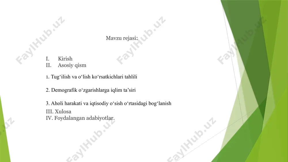 o‘lgan mamlakatlar ko‘pincha noto‘g‘ri tibbiy xizmatlar, kasalliklarning yuqori tarqalishi yoki iqtisodiy qiyinchiliklar bilan bog‘liqdir. o‘lish ko‘rsatkichlari shuningdek, aholi yosh tuzilishi va kasalliklar tarqalishi bilan ham bog‘liqdir. masalan, rivojlangan davlatlarda o‘lish ko‘rsatkichlari past bo‘lishi mumkin, chunki sog‘liqni saqlash tizimi kuchli va aholi uzoq umr ko‘radigan sharoitlarga ega ii. demografik o‘zgarishlarga iqlim ta’siri iqlim o'zgarishlari va demografik o'zgarishlar o'rtasidagi bog'lanish, so'nggi yillarda ko'plab tadqiqotlar va muhokamalarga sabab bo'lmoqda. iqlim o'zgarishlari, nafaqat atrof-muhitga, balki aholi dinamikasiga ham ta'sir ko'rsatadigan muhim omil hisoblanadi. ushbu bo'limda, iqlimning aholi harakatiga, tug'ilish va o'lim ko'rsatkichlariga, shuningdek, umumiy demografik o'zgarishlarga qanday ta'sir ko'rsatishini ko'rib chiqamiz. iqlim o'zgarishlarining demografik o'zgarishlarga ta'siri bir necha asosiy aspektlarda namoyon bo'ladi. birinchidan, iqlim o'zgarishi natijasida resurslar, masalan, suv va oziq-ovqat manbalari, cheklanishi mumkin. bu esa, o'z navbatida, aholi tug'ilish ko'rsatkichlarini pasaytirishi yoki o'lim ko'rsatkichlarini oshirishi mumkin. masalan, qurg'oqchilik yoki ko'plab tabiiy ofatlar (yomg'irlar, sel, issiq to'lqinlar) natijasida aholi yashaydigan hududlarda insonlarning sog'lig'iga ta'sir …