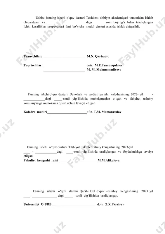riat ta’lim yunalishi malaka talablariga asoslariga asoslangan holda tuzilgan. fan va texnikaviy taraqqiyot jadallashgan hozirgi davrda oliy ta’lim tizimining islohoti, oliy o‘quv yurtlarida ta’lim sifatini yaxshilash, xususan, tibbiyot oliy ta’lim muassalaridagi o‘quv jarayonining sifatini va omilkorligini oshirishga, tayyorlanayotgan mutaxassislarning nazariy bilimlarini, kasbiy mahoratini va ko‘nikmalarini mustahkamlashga yo‘naltirilgan. “farmakologiya” klinik oldi moduli 2-3-kurslarda ta’lim olayotgan talabalarda o‘qitiladi. mazkur modul o‘quv rejasida rejalashtirilgan umumtibbiy modullar: xirurgiya, anatomiya, gistologiya, fiziologiya bilan birgalikda o‘qitilib, ularning mohiyatini tushunishda muhim va zarur omil bo‘lib xizmat qiladi. 2. o‘quv modulining maqsadi va vazifasi 2.1. modulning maqsadi – oila shifokori tayyorlash jarayonidatalabalarga dori vositalarini guruhlarini, ularning ta’sir mehanizmini yoshga qarab terapevtik miqdorlarini tao’rgatishda iboratdir. talabalarda ta’lim tarbiya, qonun va qoidalardan hamda didaktik tamoyillaridan kelib chiqib, davolash, professional ta’lim (davolash ishi) fakultetlari talabalarining farmakologiya modulini asosini o‘zlashtirishga, shuningdek bu bilimlarni amaliyotda qo‘llash, shakllantirishga va talabalarda kundalik, ilmiy va kasbga oid sohalarda faoliyat olib borishlarida kommunikativ kompetensiyalarini shakllantirish. shuningdek quyidakilar …