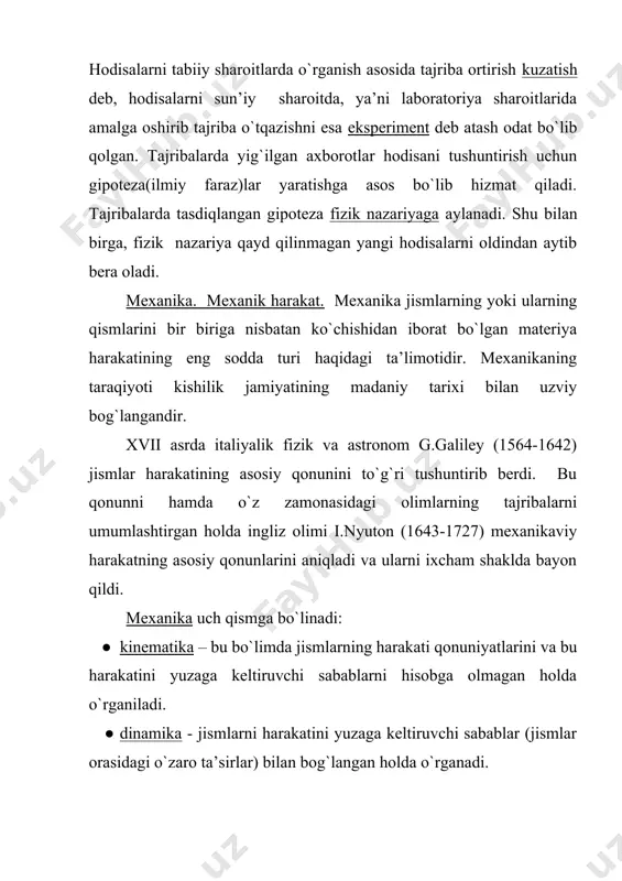 `linadi: ● kinematika – bu bo`limda jismlarning harakati qonuniyatlarini va bu harakatini yuzaga keltiruvchi sabablarni hisobga olmagan holda o`rganiladi. ● dinamika - jismlarni harakatini yuzaga keltiruvchi sabablar (jismlar orasidagi o`zaro ta’sirlar) bilan bog`langan holda o`rganadi. ● statika – jismlar tizimining muvozanat shartlarini va shart o`zgarishi bilan vujudga keluvchi uning harakati o`rganiladi. jismlarning mehanik xossalari ularning kimyoviy tabiatiga, ichki tuzilishiga va holatiga bog`liq, ular fizikaning mehanikadan boshqa bo`limlarida o`rganiladi. shu sababli mehanikada aniq masalalarni ko`rib chiqishda moddiy nuqta, absolyut qattiq jism, absolyut elastik jism, absolyut noelastik jism va shu kabi soddalashtirilgan modellardan foydalaniladi. klassik mexanika yoki nyuton mexanikasiga dinamikaning 1687 yilda nyuton aniqlagan uchta qonun asos qilib olingan. nyuton mexanikasi keyingi ikki yuz yilda katta muvaffaqiyatlarga erishdi. biroq fan rivojlanishi bilan klassik mexanika tushunchalariga mutloqa mos kelmaydigan faktlar ochildi (atom spektorining chiziqliligi, issiqlik nurlanishi, yorug`likni yutilishi, fotoeffekti, kompton effekti va boshqalar). bu faktlarni yangi nazariya-maxsus nisbiylik nazariyasi va kvant mexanikasi tushuntirib …