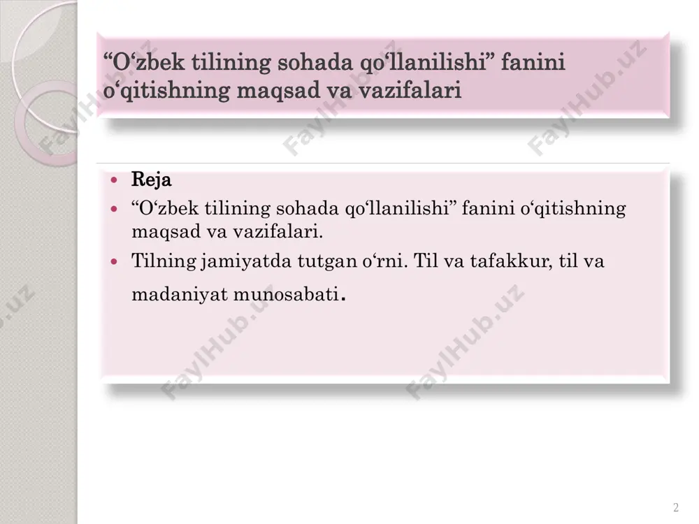 smiy uslub asosiy adabiyotlar  aminov m., madvaliyev a., mahkamov n., mahmudov n. ish yuritish (amaliy qo„llanma). – toshkent: o„zbekiston milliy ensiklopediyasi, 2017. – 456 b.  mahmudov n., rafiyev a., yoʻldoshev i. nutq madaniyati va davlat tilida ish yuritish. (darslik) – toshkent: choʻlpon, 2013.  abdurahmonova m., fattaxova d., xalmuxamedova u., inogamova n., egamberdiyeva n. o„zbek tili (o„quv qo„llanma). – toshkent: mumtoz so„z, 2018.  lutfullayeva d. mustaqillik davri rasmiy-idoraviy ish uslubi taraqqiyoti. (monografiya.) – toshkent, 2020. qo„shimcha adabiyotlar  o„zbekiston respublikasi prezidentining 2019-yil 21-oktabrdagi “o„zbek tilining davlat tili sifatidagi nufuzi va mavqeyini tubdan oshirish chora- tadbirlari to„g„risida”gi pq-5850- son qarori.  o„zbekiston respublikasi prezidentining 2020-yil 29-yanvardagi “o„zbekiston respublikasi vazirlar mahkamasi huzuridagi atamalar komissiyasining faoliyatini tashkil qilish chora-tadbirlari to„g„risida”gi pq-40 son qarori.  o„zbek tilining izohli lug„ati (5 jildli). – toshkent: o„zbekiston milliy ensiklopediyasi, 2005–2008. internet saytlari  www.ziyo-net.uz  www.kutubxona.uz  www.philology.ru 9 http://www.ziyo-net.uz/ http://www.ziyo-net.uz/ http://www.ziyo-net.uz/ http://www.ziyo-net.uz/ http://www.ziyo-net.uz/ …
