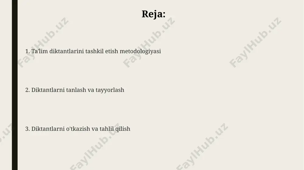 qiladi. diktantlarni o‘tkazishda 3 bosqichli (tayinlash, yozish, tekshirish) tizimini qo‘llash, o‘quvchilarning o‘zlashtirish darajasini aniqlashda samaradorlikni 20% ga oshiradi. xatolarni tahlil qilish va ularni tuzatishning metodikasi xatolarni tahlil qilishda, 5 ta asosiy xato turini (imlo, tinish belgilar, grammatik, uslubiy va mantiqiy) aniqlash va ularning sonini statistik jihatdan hisoblash muhim. har bir xato turining 10 ta namunasi bilan ishlab, o'quvchilarning qaysi turdagi xatolarga ko'proq yo'l qo'yishini aniqlash va tegishli tuzatishlarni amalga oshirish kerak. o'quvchilarning xatoliklarini tahlil qilishda individual yondashuvni qo'llab, kamida 3 ta turli tuzatish usulini (individual, guruhli, o'z-o'zini tekshirish) sinab ko'rish samarali bo'ladi. diktantlarni tanlash va tayyorlash metodikasi диктант тайёрлашда матннинг тушунарлилигини таъминлаш, 5-10 та мураккаб сўз ва ибораларни изоҳлаш, имловий ва пунктуацион хатоларнинг олдини олиш учун махсус тест топшириқларини ишлаб чиқиш муҳимдир. диктант матнини танлашда мавзунинг долзарблиги, тил бойлигини ошириш, лексик ва грамматик қоидаларнинг аниқ ва такрорланмаган ҳолда берилиши, аудио ёзувдан фойдаланиш имконияти ҳам эътиборга олиниши керак. диктантларни танлашда ўқувчиларнинг …