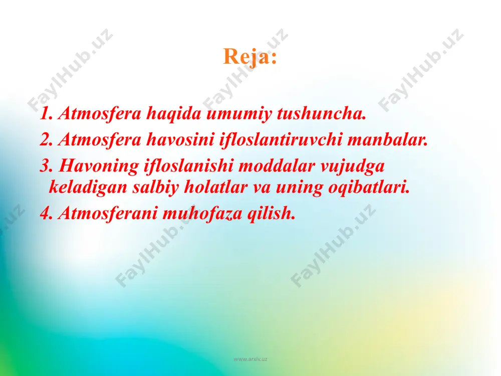 eraning ifloslanishida va ko`plab kislorodni sarflanishida samolyotlarning ham roli katta. birgina reaktiv samolyot 8 soat ichida amerikadan yevropaga uchib o`tganda 50-100 tonnagacha kislorod yoqadi, ya`ni buni 100 ming gektar o`rmonzor bir kunda chiqarib beradi, bir kosmik kemaning fazoga chiqishi uchun 16 km radiusida ozon qatlami emiriladi. www.arxiv.uz atmosfera havosining ifloslanishida qishloq xo`jalik ishlab chiqarishining ham hissasi bor, bunda parrandachilik va chorvachilik komplekslari, go`sht kombinatlari, kimyoviy o`itlar, zararli ximikatlar ko`proq ta`sir etadi. bulardan tashqari kanalizasiya shaxobchalaridan, avtomobil ildiraklaridan, oyoq kiyimidan, oshxonalardan va boshqalardan chiqqan chang, gazlar, hidlar ham atmosferani ifloslaydi. www.arxiv.uz havoning ifloslanishi natijasida vujudga keladigan salbiy holatlar va uning oqibatlari. havoning kuchli ifloslanishi insonlar soliiga, qolaversa barcha jonzotlarga salbiy ta`sir ko`rsatadi. bir kishi sutka davomida o`rtacha 25 kg havo bilan nafas oladi. havo tarkibidagi zarali chang, qurumlar, zararli gazlar kishi organizmida to`planaveradi. oqibatda teri va ko`z kasalliklari, jigar serrozi, qonbosimining ortishi, surunkali bronxit, enfizima, nafas qisish va o`pka raki kabi …