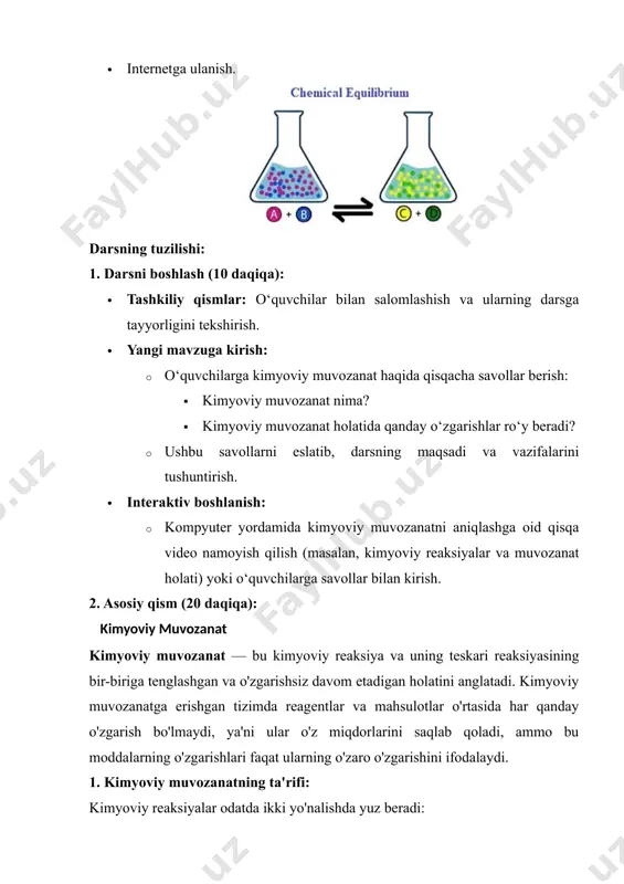 d — bu moddalar va ularning miqdorini ifodalovchi koeffitsiyentlar. 5. kimyoviy muvozanatni le shatele printsipi: le shatele printsipi kimyoviy tizimga ta'sir qiluvchi tashqi omillar (masalan, konsentratsiya, bosim, harorat) o'zgarganda tizim qanday javob berishini tushuntiradi. le shatele printsipi quyidagicha ifodalanadi: agar tizimga tashqi ta'sir (masalan, harorat, bosim yoki konsentratsiya o'zgarishi) kirsa, tizim o'zini ushbu ta'sirni kamaytirish uchun o'zgartirish kiritadi. misollar: 1. konsentratsiyaning o'zgarishi: agar reagentlardan biri konsentratsiyasi oshsa, tizim mahsulotlar tomon harakat qiladi. 2. bosimning o'zgarishi: agar tizimda gaz moddalari mavjud bo'lsa, bosim oshirilsa yoki kamaytirilsa, tizim gazlarning miqdorini kamaytirish yoki oshirish uchun muvozanatni o'zgartiradi. 3. haroratning o'zgarishi: haroratni oshirish endotermik reaksiyani tezlashtiradi, ekzotermik reaksiyani esa sekinlashtiradi. 6. kimyoviy muvozanatga ta'sir qiluvchi omillar: · konsentratsiya: reagentlarning konsentratsiyasini oshirish yoki kamaytirish tizimni bir tomonlama o'zgartiradi. masalan, reaktantning konsentratsiyasini oshirish mahsulotning miqdorini oshiradi. · bosim: yaltiroq gazlar bilan kimyoviy reaksiyalar bo'lsa, bosimni oshirish yoki kamaytirish reaktsiyaga ta'sir qiladi. · harorat: haroratni o'zgartirish ko'plab …
