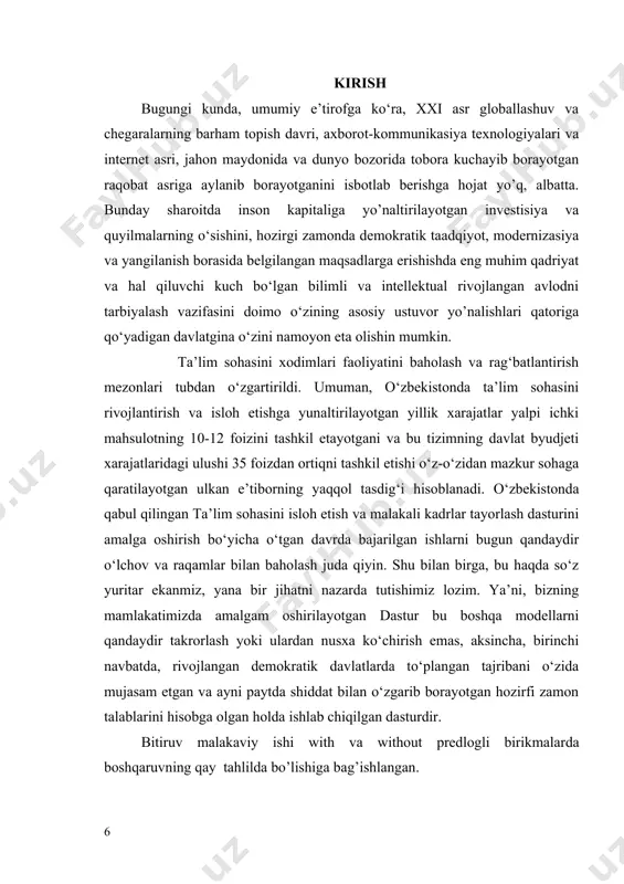 . о‘zbekistonda qabul qilingan ta’lim sohasini isloh etish va malakali kadrlar tayorlash dasturini amalga oshirish bо‘yicha о‘tgan davrda bajarilgan ishlarni bugun qandaydir о‘lchov va raqamlar bilan baholash juda qiyin. shu bilan birga, bu haqda sо‘z yuritar ekanmiz, yana bir jihatni nazarda tutishimiz lozim. ya’ni, bizning mamlakatimizda amalgam oshirilayotgan dastur bu boshqa modellarni qandaydir takrorlash yoki ulardan nusxa kо‘chirish emas, aksincha, birinchi navbatda, rivojlangan demokratik davlatlarda tо‘plangan tajribani о‘zida mujasam etgan va ayni paytda shiddat bilan о‘zgarib borayotgan hozirfi zamon talablarini hisobga olgan holda ishlab chiqilgan dasturdir. bitiruv malakaviy ishi with va without predlogli birikmalarda boshqaruvning qay tahlilda bo’lishiga bag’ishlangan. mavzuning dolzarbligi: with va without predlogli birikmalarning gapdagi vazifalari, uning qo’llanilishi, so’zlar o’rtasidagi bog’lanish usullari, sintaktik alaqalarini o’rganishni tashkil etadi. ingliz tilshunosligida predlogli birikmalarning qo’llanilishiga bag’ishlangan anchagina ishlar mavjud bo’lsada, hali bu o’z nihoyasiga yetgani yo’q, ularni o’rganish dolzarb masalalardan biri bo’lib kelmoqda. tadqiqotning o’rganganlik darajasi: ingliz tilida with va without …