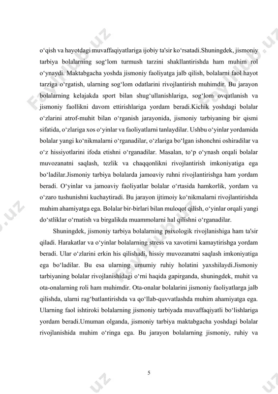 an olganda, jismoniy tarbiya maktabgacha yoshdagi bolalar rivojlanishida muhim o‘ringa ega. bu jarayon bolalarning jismoniy, ruhiy va ijtimoiy ko‘nikmalarini rivojlantirishga, sog‘lom turmush tarzini shakllantirishga, o‘ziga bo‘lgan ishonchni oshirishga va ijtimoiy munosabatlarni mustahkamlashga xizmat qiladi. shuning uchun, jismoniy tarbiyaning ahamiyatini e'tiborsiz qoldirmaslik, bolalarning sog‘lom va baxtli rivojlanishiga hissa qo‘shish muhimdir. jismoniy tarbiya jarayonida harakatli o‘yinlar muhim o‘rin tutadi. harakatli o‘yinlar orqali bolalar nafaqat jismoniy rivojlanadi, balki ijtimoiy ko‘nikmalarni ham egallaydilar. ular jamoaviy ishlashni o‘rganadilar, qoida va tartiblarga rioya qilishni tushunadilar, shuningdek, raqobat muhitida o‘zlarini qanday tutish kerakligini anglab yetadilar. bunday o‘yinlar bolalarning muloqot qobiliyatlarini rivojlantiradi va ularning psixologik barqarorligini mustahkamlaydi.shuningdek, jismoniy tarbiya bolalarning asab tizimining rivojlanishiga ham katta ta’sir ko‘rsatadi. doimiy jismoniy mashqlar va harakatlar orqali bolaning nerv tizimi mustahkamlanadi, ularning diqqat-e’tibori va xotirasi yaxshilanadi. maktabgacha yoshdagi bolalar uchun jismoniy faollik yetishmovchiligi diqqat yetishmovchiligi sindromi va boshqa psixologik muammolarga olib kelishi mumkin. shu bois, bolalar kundalik hayotlarida yetarlicha harakat qilishlari muhimdir.jismoniy …