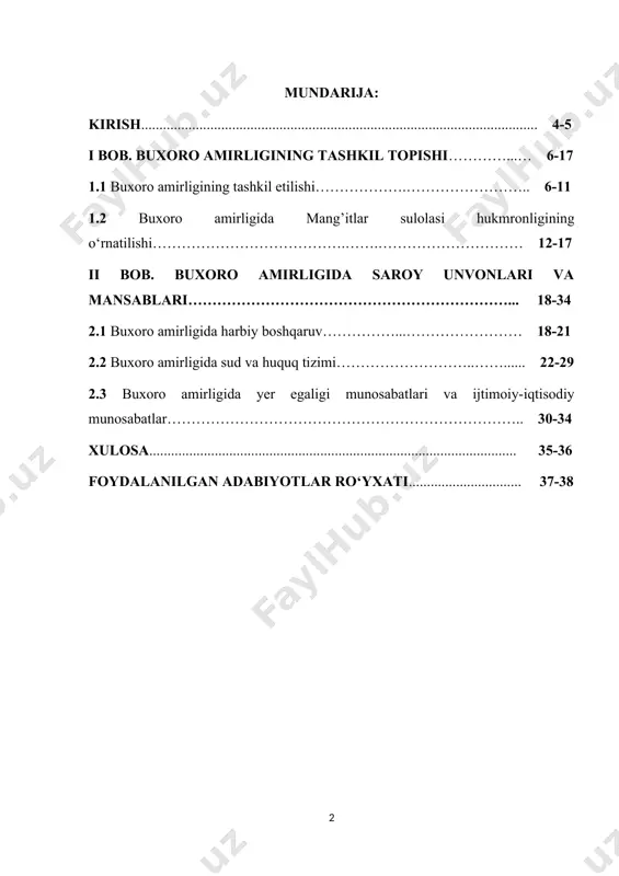 boyitib berish hozirgi kunda har bir tarixchi olimlarning asosiy vazifalaridan biri hisoblanadi. shu nuqtai nazardan kelib chiqib, shuni ayta olamanki ilk o‘rta asrlarning nafaqat vatanimiz tarixiga oid qismi, balki jahon tarixi ham yangidan yangi tadqiqot va izlanishlarga muhtoj. chunki biz tarixni o‘rganar ekanmiz o‘rganish davomida bir davrdan boshqa davrga o‘tish uchun mazkur davrga oid bilim va ko‘nikmalar bizga poydevor vazifasini o‘taydi. xronologik jahatdan olib qaraydigan bo‘lsak ham o‘rganish jarayonida o‘rtada uzilish yoki kamchilik holati yuz bersa albatta kerakli natijaga erishilmaydi. mavzuning o‘rganganlik darajasi. o‘rganilayotgan mavzu doirasida ko‘plab tarixchi olimlar ilmiy izlanishlar olib borishgan. ushbu olimlar tomonidan amalga oshirilgan ishlar hamda ilmiy yangiliklar va xulosalardan kelib chiqib, mavzuga doir o‘z xulosamizni kurs ishida keltirib o‘tdik. ishning maqsad va vazifalari. har bir inson biron bir ishga kirishsa, inson o‘sha olib boryotgan ishiga nisbatan o‘z oldiga maqsad va vazifalar qo‘yib oladi. buxoro amirligi davrida amalga oshirilgan ishlar haqidagi yangi ma’lumotlarni yig‘ishga harakat qildik. …