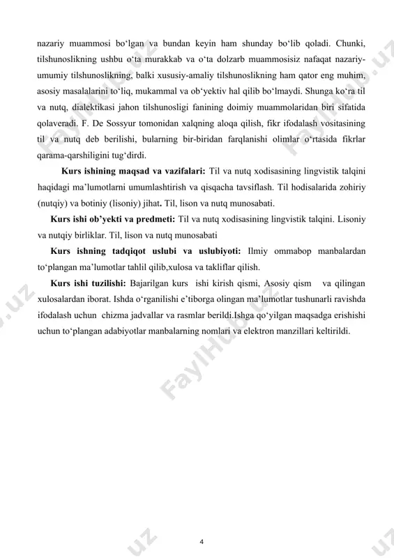 ning opasi gulnoraning uyi gulnoraning yig‘isi bunda empirik yondashuv qaratqich kelishigining «qarashlilik», «mansublik», «egalik», «subyekt-harakat» kabi to‘rtta ma’nosini farqlashni taqozo qiladi (qatorni yana davom ettirish va ma’nolar sonini ko‘paytirish mumkin). bu – zohiriy ma’no, nutqiy hodisa. empirik tilshunosdan mohiyatga tomon bundan chuqurroq borish talab qilinmaydi. nazariyotchi kelishikning har bir qo‘llanishidagi farqdan «ko‘z yumib», umumiy jihatni qidiradi. farqlarning (kitob), (opa), (uy), (yig‘i) va boshqa so‘zlar ta’sirida ekanligini nazariy yo‘l bilan aniqlaydi va shu asosda qaratqich kelishigining mohiyatini ochadi. nazariy o‘rganish jarayonida til hodisalarida zohiriy (nutqiy) va botiniy (lisoniy) jihat farqlanadi. har bir birlik yondoshlari bilan o‘zaro munosabatda o‘rganiladi, ularga tizimiy yondashiladi. masalan, yuqoridagi misolning birinchisida (gulnoraning kitobi) qaratqich kelishigining «qarashlilik», ikkinchisida (gulnoraning opasi) «mansublik» nutqiy (xususiy) ma’nolari voqelangan. biroq qaratqich kelishigi shaklining barcha qo‘llanishi uchun umumiy jihat – «oldingi ismni keyingi ismga tobelash» ma’nosi bevosita kuzatishda berilmagan va lisoniy ahamiyatga ega. bu umumiylik yuqoridagi misollarda «gulnora so‘zining opa so‘ziga qaratuvchilik munosabatini …