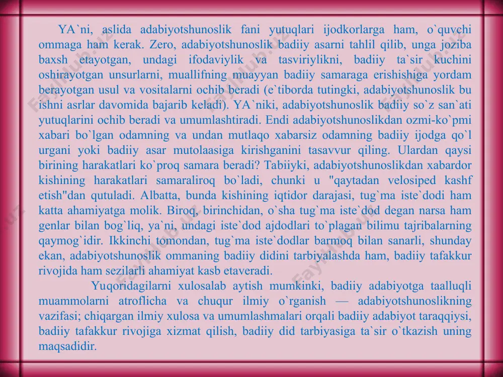 `rganishni ko`rsatish mumkin. zero, ijodkor faoliyatini o`rganganda, uning ijodiy o`sish jarayonini kuzatganda ham asosga qo`yilgan prinsip tarixiylik bo`lishi lozimdir. adabiyot tarixi o`tmish adabiyoti xususiyatlarini ochib berarkan, bu bilan, birinchidan, o`tmish adabiyoti tajribalarini bugungi adabiyot xizmatiga safarbar etadi, ikkinchidan, keng ko`lamli nazariy xulosalar chiqarish uchun zarur material hozirlaydi. bulardan anglashiladiki, adabiyot tarixi badiiy tafakkur taraqqiyotida ham, adabiy-nazariy tafakkur rivojida katta ahamiyat kasb etadi. o`zbek adabiyotshunosligida adabiyot tarixi sohasining dastlabki kurtaklari sifatida tazkiralarni ko`rsatish mumkin. shuningdek, qator tarixiy asarlarda ayrim adabiy faktlar, muayyan ijodkor hayoti va faoliyatiga doir ma`lumotlar ham qayd etilganligi tayin. biroq o`zbek adabiyotini tarixiy aspektda ko`lamli o`rganish, demakki, o`zbek adabiyotshunosligida adabiyot tarixining mustaqil tarmoq sifatida shakllanishi va rivoji xx asrga to`g`ri keladi. o`zbek adabiyot tarixchiligining shakllanishida a.fitrat, a.sa`diy, v.zohidov, v.abdullayev, h.sulaymonov, g`.karimov, n.mallayev, a.qayumov, a.xayitmetov, a.abdug`afurov singari olimlarning ulkan xizmatlarini alohida qayd etmoq lozim. o`zbek adabiyoti tarixini o`rganish borasidagi izlanishlar hozirgi kunda ham davom ettirilayotir. bugungi kun o`tmish merosimizga …