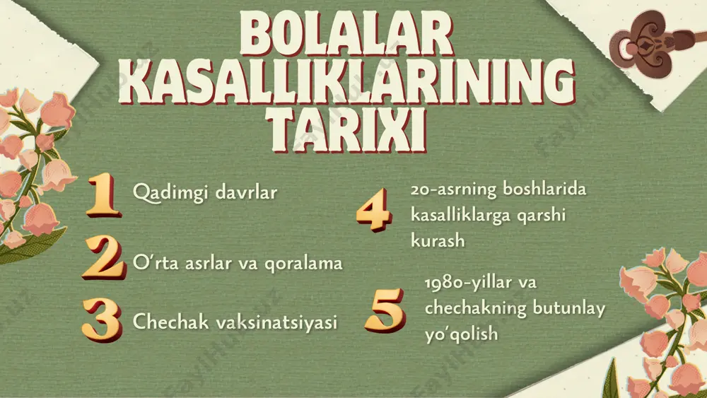osimlar, duo qilish, qurbonliklar va sehrli amallar qo‘llanilgan. masalan, kasalliklarni "yovuz ruhlar"ning ishidir deb tushunish keng tarqalgan edi. 1347-1351-yillarda yevropada avj olgan qora vabo (qora o'lat yoki "qoralama") pandemiyasi butun jamiyat, jumladan, bolalarga ham halokatli ta'sir ko'rsatgan. bu davrda bolalar kasalliklari, asosan, vabo bilan bog'liq bo'lib, pandemiya ko'plab bolalarning umriga zomin bo'lgan. bu yerda ba'zi muhim jihatlar keltirilgan: 2. gigiyena va sog'liqni saqlash sharoitlari: o‘sha davrda bolalarning salomatligi gigiyena va sanitariya sharoitlari yetishmasligi sababli yanada zaiflashgan. hali tibbiyot rivojlanmaganligi va zamonaviy dezinfeksiya usullari yo'qligi sababli, yuqumli kasalliklarning oldini olish juda qiyin edi 1. qora vabo ta'siri: qora vabo yevropada o'sha paytdagi aholining uchdan bir qismini (yoki undan ko'prog'ini) hayotdan olib ketdi. vabo barcha yoshdagi insonlarga ta'sir ko'rsatgan bo'lsa-da, bolalar orasida ham juda yuqori o'lim darajasi kuzatildi. bolalar immun tizimi rivojlanmagan bo'lganligi sababli, ular kattalarga nisbatan tezroq yuqtirgan va kasallikdan o'lishgan. qora vabo pandemiyasi davrida tibbiyot ilmi hali rivojlanmagan edi, shuning …