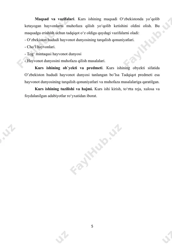 havzalarining ifloslanishi, suvdagi suv salmog‘ining ayrim joylarda ortib borishi ma’lum turdagi baliqlar uchun katta zarar bo‘lishi mumkin. bundan tashqari brakoner ovchilar ham baliqlarning kamayib ketishiga sabab bo‘lmoqda. zoogeografik taqsimlanish jihatidan tekislik hududlarida ustyurt, qizilqum, o’zbekistonning janubiy qismi va farg‘ona vodiysiga ajratilgan. faqat ustyurt uchun sayg‘oq, qoraquloq, kichik yumronqoziq, qo‘shoyoqlilarni shimoliy turlari yemuranchik va uch barmoqli mitti qo’shoyoq turlari xolosdir. o‘lkamizda baliq ovlash xo‘jaliklari maydoni 38 mln. dan ortadi. o‘lka hududidan turon yo‘lbarsi, shuningdek, qizil bo‘ri butunlay yo‘qolib ketgan bo‘lib, qoplon, old osiyo qoploni, yo‘l-yo‘l sirtlon, tuvaloq kabi jonzotlarning yo‘qolib ketish xavfi bor. ma’lumotlarga qaraganda, o‘zbekiston hududida mirzacho‘l, qarshi cho‘li, surxon-sherobod cho‘li, farg’ona vodiysining markaziy qismlari o‘zlashtirilgan. bu esa sahro-cho‘l muhitida yashaydigan bir qator jonivorlarning, jumladan, jayron, go‘zal tuvaloq kabi noyob zotlarning kamayib ketishiga sabab bo‘lmoqda. bir qator go‘zal jonivorlar, jumladan tog‘ qo‘yi, eron vidrasi, o‘rta osiyo kapchailoni kabilar johil ovchilar tomonidan butunlay kamaytirib yuborildi. hayvonlarning noyob va yo‘qolib borayotgan turlarini …