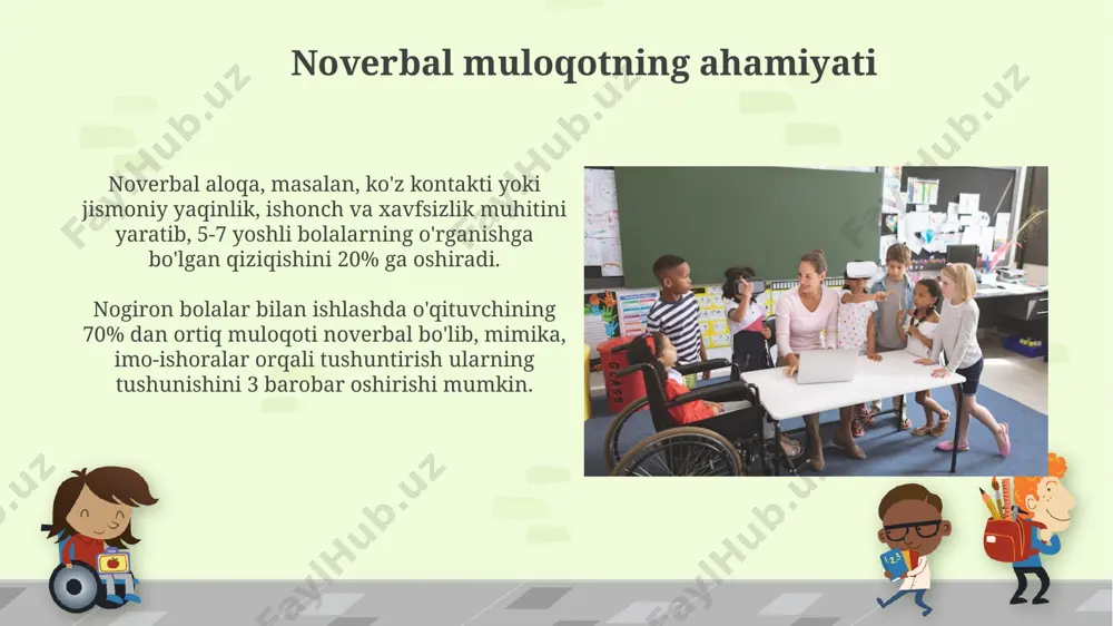 5ta asosiy uslubini (masalan, tushuntirish, ko'rsatish, savollar berish, muloqot o'rnatish, bahslashish) qo'llash samaradorligini o'rganish natijalari shuni ko'rsatadiki, har xil uslublar turli xildagi nogiron bolalarga turlicha ta'sir qiladi. muvaffaqiyatga erishish va to'siqlarni bartaraf etish o'qituvchilarning kamida 5 ta turli aloqa uslubidan foydalanishi, masalan, og'zaki, yozma, vizual va imo-ishorali, o'quvchilarning turli o'rganish usullariga moslashishga yordam beradi. muvaffaqiyatli o'qituvchilar 70% dan ortiq vaqtini talabalar bilan individual ravishda aloqa qilishga, ularning ehtiyojlarini tushunishga va moslashtirilgan yondashuvlarni qo'llashga sarflaydilar. qo'llab-quvvatlash muhitini yaratish samarali qo'llab-quvvatlash muhiti 70% o'qituvchining ijobiy va tushunarli muloqotiga, 30% esa o'quv materiallarining moslashuvchanligiga bog'liq. o'qituvchilarning bolalar bilan individual muloqot qilish vaqtini kuniga kamida 15 daqiqa ajratishlari, ularning ehtiyojlarini aniqlash va individual yondashuvni ta'minlashda muhim rol o'ynaydi. o'qituvchilarning muloqot ko'nikmalarini rivojlantirish o'qituvchilarning 70% dan ortig'i muloqot ko'nikmalarini rivojlantirish bo'yicha qo'shimcha treninglarga ehtiyoj sezadi, bu esa o'quv jarayonining samaradorligini 20% ga oshirish imkonini beradi. inklyuziv ta'limda muvaffaqiyatli muloqot, bolaning 5 ta hissiy ehtiyojini (jismoniy, …