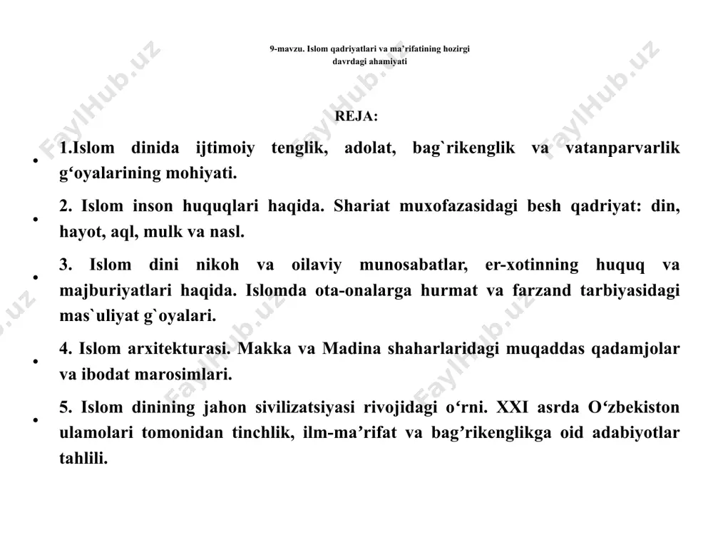 rda diniy bilimlar bilan bir qatorda dunyoviy ilmlar ham o`z rivojiga ega bo`ldi. islom dini - arabiston yarim oroli doirasidan chiqib, taraqqiy etgan jahon diniga aylandi. islomning din sifatida shakllanib, rivojlanishi aynan shu davrlarga to`g`ri keladi. albatta, bunga turli mintaqalardagi jarayonlar o`z ta`sirini ko`rsatdi xususan, movarounnahrning islom madaniyati va fanning algebra, astronomiya, falsafa, tarix, hadis, kalom va boshqa sohalariga ko`rsatgan ta`siri juda kattadir. ayniqsa fiqh ilmi sohasida movarounnahrning tutgan o`rni beqiyosdir. insonning chin ma`nodagi insonligi uning imoni, diyonati, mehr-oqibati, pokligi va halolligi, kamtarligi va boshqalar bilan o`lchanadi. bu umumiy tarzda insoniylik tushunchasi bilan ifodalanadi. insoniylik esa faqat imonli insonlardagina bo`ladi. insonning chin ma`nodagi insonligi uning imoni, diyonati, mehr-oqibati, pokligi va halolligi, kamtarligi va boshqalar bilan o`lchanadi. bu umumiy tarzda insoniylik tushunchasi bilan ifodalanadi. insoniylik esa faqat imonli insonlardagina bo`ladi. bu o`rinda hamma kishilar uchun umumiy tarzda tegishli bo`lgan masalalar ustida baholi qudrat fikr yuritamiz. har birimiz imon tushunchasining mohiyatini to`g`ri …
