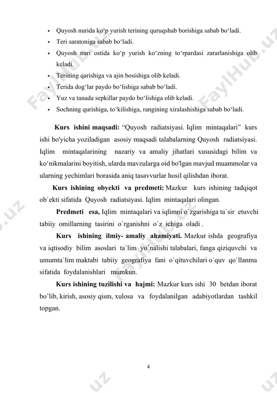 aqlarining vujudga kelishiga sabab bo’ladi; stratosfera bilan troposferaga kirib kelmaydi. geografik qobiqning issiqlik rejimi harorat (issiqlik) radiatsiyasiga bog`liq, quyida ana shu radiatsiya haqida gap boradi. 1-rasm. quyosh radiatsiyasining yer yuzasiga tushishi 2-rasm. quyosh gorizontdan 5° va 90° baland turgan holati quyosh gorizontdan 5° va 90° baland turganda quyosh radiatsiyasining spektral tarkibi, % hisobida: 1-ko’rinadigan nurlar, 2-ul`trabinafsha nurlar, 3- infraqizil nurlar. harorat radiatsiyasi elektromagnit to’lqinlari yig`indisidan iborat. quyosh nuri spektri quyidagi to’lqinli nurlardan iborat: a) 0,40 mk dan kam bo’lgan uzun to’lqinli ko’zga ko’rinmas ul`trabinafsha nurlar, b) to’lqin uzunligi 0,40 mk dan 0,75 mk gacha bo’lgan ko’rinma nurlar va v) to’lqin uzunligi 0,75 mk dan katta bo’lgan ko’rinmas infraqizil nurlar. quyoshda issiqlik energiyasi nur energiyasiga o’tadi; quyosh nurlari yer yuzasiga tushganda yana issiqlik energiyasiga aylanadi. shunday qilib quyosh radiatsiyasi ham yorug`lik, ham issiqlik keltiradi. spektrning ko’rinma nurlar qismiga quyoshdan keladigan butun nurning deyarli yarmi (46%), infraqizil nurlarga ham shuncha qismi to’g`ri …