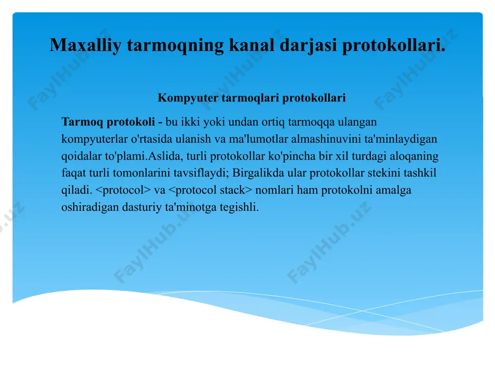 rga ega bo'lishi kerak: tarmoq kanallarining ishonchliligini ta'minlash; yuqori tezlikka ega; tugunlarning manba va maqsad manzillarini qayta ishlash; tarmoq standartlariga, xususan ieee 802 standartiga muvofiq. ko'pincha, ushbu bobda muhokama qilingan barcha protokollar ushbu talablarga javob beradi, ammo keyinroq bilib olganingizdek, ba'zi protokollar boshqalarga qaraganda ko'proq qobiliyatga ega. jadvalda lan protokollari va ushbu protokollar bilan ishlashi mumkin bo'lgan operatsion tizimlar ro'yxati keltirilgan. keyinchalik bobda protokollar va tizimlar (xususan, server operatsion tizimlari va asosiy kompyuterlar) batafsilroq tavsiflanadi. tcp / ip protokolining ishlash sxemasi: image2.png image3.png image4.png image5.png /docprops/thumbnail.jpeg