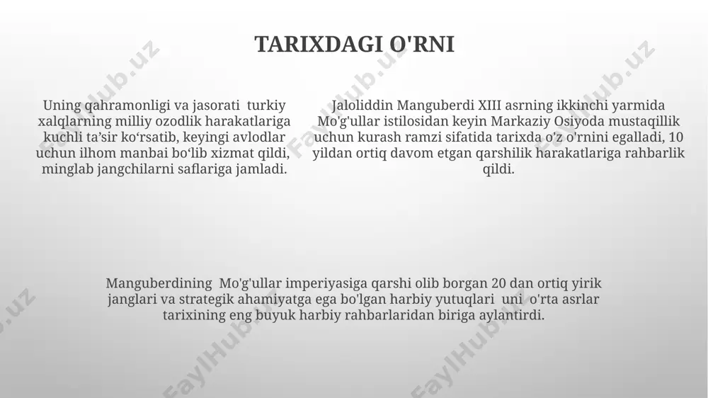 giyasini mahorat bilan qoʻllagan holda, dushmanning ta'qibini uzib, oʻz qoʻshinlarini saqlab qolishga muvaffaq boʻldi, bu esa uning harbiy zukkoligini ko'rsatadi. jaloliddin manguberdi 1221-yilda moʻgʻullar armiyasining katta qoʻshiniga qarshi turish uchun strategik jihatdan muhim boʻlgan samarqandni himoya qilishga qaror qildi, bu esa uning jasoratini va harbiy salohiyatini namoyon etdi. jaloliddin manguberdi 1221-yilda moʻgʻullar armiyasining katta qoʻshiniga qarshi turish uchun strategik jihatdan muhim boʻlgan samarqandni himoya qilishga qaror qildi, bu esa uning jasoratini va harbiy salohiyatini namoyon etdi. ittifoqchilar va dushmanlar ittifoqchilarning ichki nizolari va bir-biriga ishonchsizlik, strategik hamkorlikni zaiflashtirib, ularning mongʻullarga qarshi muvaffaqiyat ehtimolini pasaytirgan. moʻgʻullar ittifoqchilarga qarshi 1221-yilgi janglarda katta miqdordagi ogʻir artilleriya va otliq qoʻshinlardan foydalanishgan, bu esa ularning harbiy ustunligini ta'minlagan. manguberdi qoʻshinining tarkibida 70 000 ga yaqin jangchi boʻlgan, ammo ularning aksariyati yengil qurollangan askarlar va milislar edi, bu esa ittifoqchilarning harbiy salohiyatini cheklab qoʻygan. e'tiboringiz uchun rahmat @taqdimot_robot image1.png image2.png image3.png