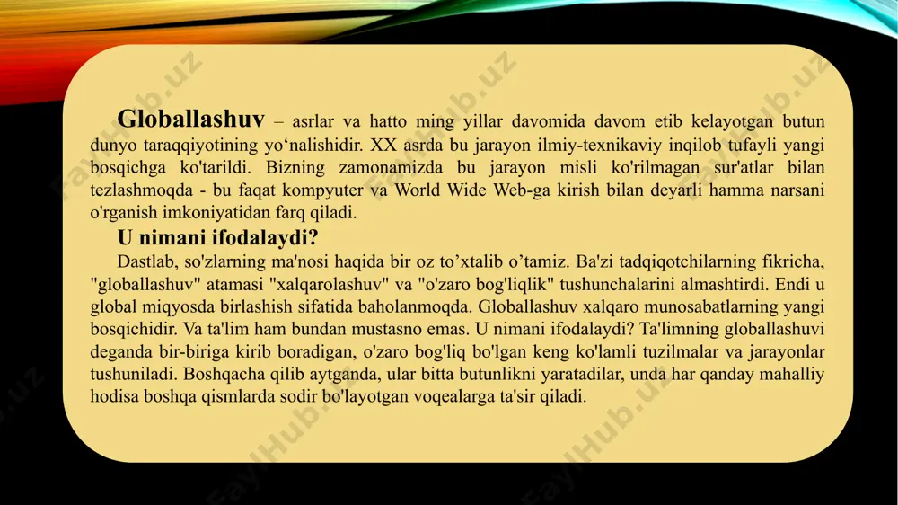 lbiy ta'sirlar ham mavjud. ularni ko'proq bilvosita tasniflash mumkin bo'lsa-da, bu vaziyatning mohiyatini o'zgartirmaydi. axborotlashtirish haqida umuman, zamonaviy jamiyatning, xususan, ta’limning muhim xususiyati ilg‘or kommunikatsiya texnologiyalaridan keng foydalanishdir. hatto qishloq maktabi ham eng yuqori sifatli materiallardan foydalanishi mumkin. so'zning zamonaviy ma'nosida jamiyatni axborotlashtirish o'tgan asrning 70-yillarida boshlangan. xxi asrda bu jarayon chinakam global miqyosni egalladi. axborotlashtirish ta'siri ostida inson faoliyatining ko'plab sohalarida tub o'zgarishlar ro'y bermoqda. bu nafaqat ta'lim, balki fan, madaniyat, sog'liqni saqlash, maishiy soha, iqtisodiyotdir. barcha sodir bo'layotgan o'zgarishlar keng ko'lamli bo'lib, jamiyatning eng chuqur qatlamlariga ta'sir qiladi. biroq, ular o'zaro bog'liqdir. bir misolni ko'rib chiqaylik, iqtisodiy faoliyat bilan shug'ullanadigan korxona mavjud. raqobatbardoshlikni yo'qotmaslik va o'z mavqeini yaxshilash uchun u kadrlar tayyorlashni o'tkazadi. qisman ixtisoslashtirilgan o'quv markazida, shuningdek avtomatlashtirilgan tizim yordamida (uy vazifasini bajarilishini tekshiradi) amalga oshiriladi. bundan tashqari, o'rganish ob'ektlari odatda sezilarli masofada joylashgan va jonli ravishda uchrashmasligi mumkin. bunday hollarda axborot tizimlarining roli yanada ortadi. rossiyada …