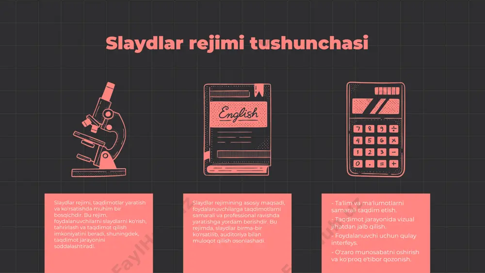 ayd dizayni - bu ma'ruzalar va taqdimotlar uchun vizual materiallarni tashkil etish va taqdim etish jarayonidir. yaxshi slayd dizayni taqdimotning aniq va tushunarli tarzda o'tishini ta'minlaydi. yaxshi slayd dizaynining xususiyatlari: 1. qisqa va aniq matn. 2. vizual materiallar, masalan, grafikalar va diagrammalar orqali ma'lumotlarni ko'rsatish. 3. ranglar va shriftlarning uyg'unligi. 4. taqdimot maqsadiga mos bo'lgan dizayn uslubi. dizayn elementlari slaydning asosiy ko'rinishi va ta'sirchanligini belgilaydi. ranglar, shriftlar va tasvirlar birgalikda slaydning estetik va ma'lumot beruvchi jihatini ta'minlaydi. masalan, ochiq ranglar diqqatni jalb qiladi, qora va oq shriftlar esa o'qish uchun qulaydir. natijada, yaxshi slayd dizayni taqdimotning samaradorligini oshiradi. taqdimot chog'ida har bir elementning o'z o'rni bor, shuning uchun har bir detalga e'tibor berish muhimdir. slaydlarni moslashtirish jarayoni slaydlarni moslashtirish taqdimot samaradorligini oshirishda muhim ahamiyatga ega. bu jarayon auditoriya e'tiborini jalb qilish va tushunishni yaxshilash uchun slaydlarni moslashtirish imkoniyatini beradi. 1. maqsadni aniqlash: taqdimotning maqsadini belgilash va auditoriyani tushunish. 2. malumotlarni …