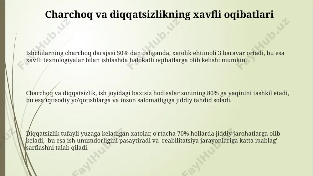 ni rag'batlantirish xavfsizlik madaniyatini shakllantirishda 70% ishchilarning psixologik holati va motivatsiyasi ta'sir ko'rsatadi, shuning uchun motivatsion dasturlar va o'qitish muhim ahamiyat kasb etadi. xavfsizlik qoidalarini buzganlik uchun jazo choralari bilan bir qatorda, 30% ishchilarga rag'batlantiruvchi mukofotlar tizimi jarohatlar sonini sezilarli darajada kamaytiradi. ish joyidagi stress darajasini pasaytirish va ishchilarning psixologik farovonligini ta'minlash orqali, ishdagi baxtsizliklar sonini 25% ga kamaytirish mumkin. psixologik treninglar va ularning samaradorligi psixologik treninglar xodimlarni stressga chidamliligini 25% ga oshirib, ish joyidagi xavfsizlik hodisalari sonini 15% ga kamaytirishi mumkinligini ko'rsatadi. tadqiqotlar shuni ko'rsatadiki, muntazam o'tkaziladigan 6 oylik psixologik trening dasturlari ishchi kuchining diqqatini va konsentratsiyasini 20% ga oshirib, inson xatosi bilan bog'liq baxtsiz hodisalarni kamaytiradi. samarali psixologik treninglar, xodimlar o'rtasida 30% ga yaqin jamoaviy munosabatlarni yaxshilash orqali, xavfsizlik madaniyatini mustahkamlaydi va xavflarni aniqlash qobiliyatini oshiradi. baxtsiz hodisalarning oldini olishda psixologik yondashuvlar ishchilarning 30% gacha bo'lgan baxtsiz hodisalari stress, charchoq va emotsional zo'riqish kabi psixologik omillar bilan bog'liq …