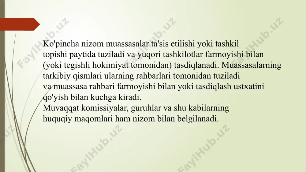 oliyatiga ko'p jildli universal ensiklopediyalar, shuningdek, soha ensiklopediyalari, lug'atlar, ma'lumotnomalar va boshqa adabiyotlarni tayyorlash va nashr etish kiradi. ii. maqsad va vazifalari 2.1. «o'zbekiston milliy ensiklopediyasi» davlat ilmiy nashriyotining asosiy maqsadi keng kitobxonlar ommasining ensiklopedik nashrlar, lug'atlar, ma'lumotnomalar va boshqa nashrlarga bo'lgan ehtiyojini qondirishdir. 2.2. nashriyotning bosh vazifasi ko'p jildli «o'zbekiston milliy ensiklopediyasi»ni yuksak g'oyaviy-ilmiy saviyada va yuqori matbaa daraj asida tayyorlash va nashr etishdir. 2.3. nashriyot, shuningdek, ichki va tashqi bozor, kitobxonlar ehtiyoji va kitob savdosi hamda boshqa tashkilotlar buyurtmalari bo'yicha, kitob-jurnal va tasviriy san'atga doir adabiyotlar, kalendar va plakatlar, kanselyariya mollari, blankalar, yorliq (etiketka)lar bosib chiqaradi, tashkilotlar, korxonalar, firmalar va fuqarolarga tijorat va vositachilik xizmati ko'rsatadi. 2.4. nashriyot o'zini-o'zi to'la qoplab, ishlab chiqarish samaradorligi va rentabelligini ta'minlaydi, ilg'or tahrir-noshirlik texnologiyasini joriy etadi, moliya mablag'laridan oqilona foydalanadi, byudjet to'lovlarini amalga oshiradi, o'z ehtiyojlariga va faoliyatining konkret shart-sharoitlariga qarab, nashriyot tizimini takomillashtirib boradi. 2.5. «o'zbekiston milliy ensiklopediyasi» davlat ilmiy nashriyoti …