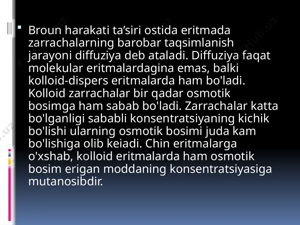 h–potensialning anchagina kamayib ketishiga olib boradi. koagullanish tezligining o‘zgarishi . ko‘pgina zollarning o‘z-o‘zidan koagullanishi ko‘pincha sekin o‘tadi. uni zarrachalar harakati tezligini oshirib tezlashtirish mumkin, bu ularga itaruvchi kuchga bardosh berishga yordam beradi. zarrachalarning harakat tezligini, masalan, temperaturani ko‘tarish yo‘li bilan oshirish mumkin. zol konsentratsiyasini oshirish yo‘li bilan ham uning koagullanishini tezlashtirsa bo‘ladi, chunki konsentratsiyaning ko‘payishi bilan mitsellalar o‘rtasidagi to‘qnashuvlar soni ko‘payadi image2.jpeg image3.jpeg image4.jpeg /docprops/thumbnail.jpeg