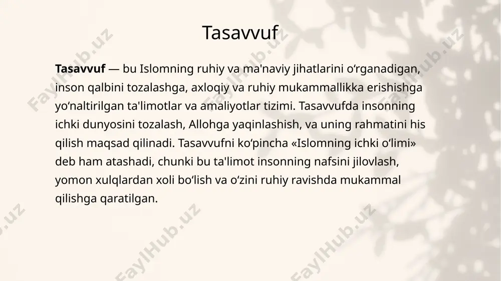 m berdi. tasavvufning asosiy g‘oyalari tasavvufda turli tarikatlar (ruhiy yo‘llar) mavjud. har bir tarikat o‘zining maxsus amaliyotlari va o‘qishlari bilan farqlanadi, lekin ularning barcha maqsadi allohga yaqinlashishdir. ba'zi mashhur tasavvuf tarikatlari: 4 tasavvufning asosiy g‘oyalari 1.nakshbandiya: nakshbandiya tarikatining asosiy e'tibori ichki ruhiy o‘sish va allohga yaqinlashishdan iborat. bu tarikatda tashqi ritullarga qaraganda ichki zikr va meditatsiyaga ko‘proq ahamiyat beriladi. nakshbandiya tarikatining mashhur shayxi bahauddin nakshband bo‘lgan. 2.qodiriyya: abdulqodir g‘oyloniyning asos solgan qodiriyya tarikatida, insonning qalbini poklash va allohga yaqinlashish uchun zikr va ibodatlar amalga oshiriladi. bu tarikat ko‘plab musulmon mamlakatlarida keng tarqalgan. 3.chishtiyya: hindistonda keng tarqalgan chishtiyya tarikatida insonlarni ruhiy tozalash va allohga muhabbatni kuchaytirishga qaratilgan amaliyotlar mavjud. chishtiyya tarikatining mashhur shayxi mu‘inuddin chishti bo‘lgan. 4.yassaviyya: bu tarikat, ahmad yassaviy tomonidan tashkil etilgan bo‘lib, markaziy osiyo va turkiyadagi musulmonlar orasida keng tarqalgan. yassaviyya tarikatida musiqiy zikrlar va marosimlar muhim o‘rin tutadi. tasavvufning mohiyati tasavvufning mohiyati, o‘zingizni bilish va allohga bo‘lgan …