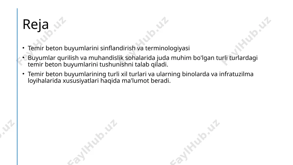 lumotlar taqdim etiladi. buyumlar uchun xususiyatlarga oid ma'lumotlar buyumlar turlari sifatlar va xususiyatlar foydalanish sohalar temir beton buyumlari o'zlariga xos turli xil turlarda bo'lishi mumkin, masalan, qoplamalar, panel, va armatura. buyumlar kuchli, o'zgarmaydigan va uzluksiz bo'lishi lozim. ularning qadriyat, qalinlik va uzunligi xususiyatlari katta e'tibor talab etadi. buyumlar bino qurilishida, soxta ishlar olib borishda, va transport infratuzilmasi loyihalarida keng qo'llaniladi. raqobatbardosh narxlari va yoki mavjudliklari bilan mustahkam. temir beton buyumlarining sifat va qo'llanishi temir beton buyumlarining sifat va qo'llanishi haqida tushuncha beriladi. bu qo'llanma, buyumlarining tarkibiy xususiyatlarini va ularni qanday qo'llashni o'rganishga yordam beradi. keyingi qadamda, buyumlarining sifatlarini tushuntirish uchun misollar keltiriladi. photo by meritt thomas on unsplash buyumlar va uzbekiston infratuzilmasi 01 buyumlar tadbirlari uzbekistonning infratuzilmasida buyumlar va ularning ishlatilishi haqida muhim ma'lumotlar keltiriladi. 02 infrastruktura rivojlanishi infrastrukturaning rivojlanishi va buyumlarning o'zaro bog'liqlik haqida tushuncha beriladi. 03 buyumlar va texnikaviy progress buyumlar va texnikaviy yangiliklar orqali uzbekiston infratuzilmasida o'tkazilayotgan …