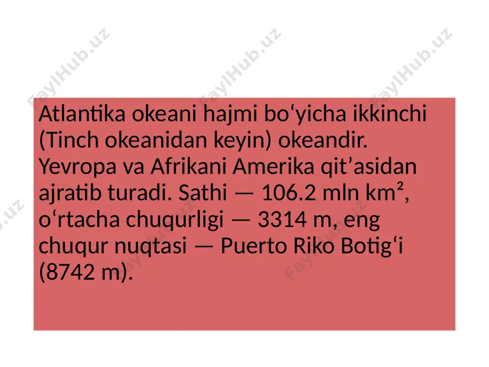 tlantika okeani ustida islandiya va antarktida atmosfera minimumlari, shimoliy atlantika va janubiy atlantika atmosfera maksimumlari vujudga keladi. ana shu atmosfera markazlari taʼsirida oʻrtacha kengliklarda kuchli gʻarbiy shamollar, shimoliy va janubiy yarim shardagi subtropik va tropik kengliklarda esa shimoli-sharqiy vajanubi-sharqiy (passat) shamollar hosil boʻladi. eng kuchli shamollar atlantika okeanining janubiy yarim shardagi oʻrtacha kengliklarida esadi. shimoliy tropik kengliklarda iyundan oktabrgacha davom etadigan kuchli boʻronlar boʻlib turadi. havo temperaturasi qishda, fevralda (atlantika okeanining janubiy qismida esa avg.da) ekvatorda 25° boʻlsa, 60° shahri k.da 0°, 60° j. k.da — 8 dan −10° gacha boʻladi. atlantika okeanining chekka shimoliy gʻarbi va janubida temperatura — 25° va undan pastga tushadi. yozda, yaʼni avg. oyida esa (atlantika okeanining janubiy qismida fevral oyida) temperatura ekvatorda 26 — 28° boʻlsa, 60° shahri k.da 8 — 12° va 60° j. k.da 0 — 2° boʻladi. atlantika okeanining gidrologik rejimi iqlim sharoitlari taʼsirida, qoʻshni okeanlar hamda oʻrta dengiz suvlari bilan …