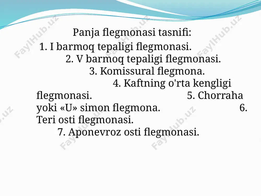 katsiya qilinadi. himoyaviy kuchni ko'tarish muolajalari, keng spektrli antibiotiklar qo'llash ham mumkin. panaritsiy (xasmol) panaritsiy («panaritium»), ya’ni xasmol deb, barmoq to'qimalarining yiringli yallig'lanishiga aytiladi. bunda teri, teri osti kletchatkasi, suyak, bo'g'im va pay qini xasmoli farqlanadi. ular barmoqlarning anatomik tuzilmasi xususiyatlari hamda funksiyasining muhim- ligiga ko'ra guruhlarga ajratiladi. xasmol odatda qo'l kafti yuzasiga tuklar va yog' bezlari bo'lmagan joyga chiqadi. xirurgik kasallik bilan ambulatoriyaga qatnab davolanadigan bemorlarning 20-25 foizining qo'lini xasmol tashkil qiladi. bu kasallik ko'pincha uzoq vaqtgacha kishi mehnat qobiliyatini yo'qotishga hatto uning nogiron bo'lib qolishiga sabab bo'ladi. panaritsiyda yiringli bo'shliqlarning joylashuvi: etiologiyasi va patogenezi: kasallik qo'zg'atuvchisi ko'proq stafilokokklar (77-80 foiz hollarda), kamroq aralash infeksiyadir. ko'p hollarda kasallik mayda shikastlardan (nina uchi kirib ketishi, shilinish), yot jismlarning kirib qolishi (oynaning mayda zarralari, zirapchalar) dan, ba’zan esa manikyurdan so'ng boshlanadi. teri panaritsiy terisoti panaritsiy yallig'lanishning avj olishi ko'p jihatdan barmoqlarning anatomik tuzilmasi xususiyatlariga bog'liqdir. kaft tomonda teridan pay qinlariga, suyak …