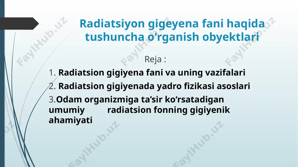 oldini olishga qaratilgan chora-tadbirlami ishlab chiquvchi fan. bu fanning vazifalari quyidagilardan iborat: - xalq xo‘jaligida inm turlari va foydalanish sharoitlarini o‘rganish; - nurlantirish turi, dozasi, nurlantirish vaqti va boshqa radiologic xususiyatlaridan kelib chiqqan holda nurlanishning salbiy ta’sir qilish ehtimolini aniqlash; - sanitariya qoidalari va radiatsion xavfsizlik me’yorlarini ishlab chiqish; - sanitariya qoidalari va radiatsiya xavfsizligini insonlaming amaliy faoliyatiga tatbiq qilish. bu masalalami hal qilish uchun radiobiologiya bilimlariga ega bo‘- lish, shu bilan birga yadro fizikasi asoslari haqida aniq tasavvurga ega boiish kerak. 1895-yili nemis fizigi vilgelm konrad rentgen tomonidan ionlantiruvchi nurlar kashf etildi. dastavval bu numi olim “x-nurlar” deb atadi. germaniya olimlari bu buyuk ixtirodan larzaga tushishdi va rentgen kashf etgan nurlami uning sharafiga “rentgen nurlari” deb atashga qaror qilishdi. yangi nurlarning o‘ziga xosligi shunda ediki, ular qora o‘rov qog‘ozidan, inson tanasidan va barcha narsalardan o‘tib ketaverardi. ushbu kashfiyoti uchun v.k. rentgen 1901 -yilda nobel mukofotiga sazovor bo‘ldi. radioaktivlik deganda, …