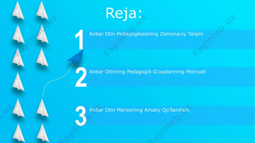 sh va ularning 3 ta turli maktabda (shahar, qishloq, ixtisoslashtirilgan) sinovdan oʻtkazish va taqqoslash muhimdir. anbar otin pedagogik gʻoyalarini zamonaviy axborot-kommunikatsiya texnologiyalari (akt) bilan integratsiyalash boʻyicha 5 yillik tadqiqot rejasi ishlab chiqish va uni amaliyotda qoʻllash istiqbollari katta. o'qituvchining shaxsiy fazilatlari va roli start pedagogik mahorat bilan birga, oʻqituvchining axloqiy-maʼnaviy fazilatlari, masalan, adolatlilik va halollik, oʻquvchilarning shaxs sifatida kamida 30% rivojlanishiga taʼsir qiladi. oʻqituvchining emotsional intellekti va empatiyasi, sinfda 10 dan ortiq turli xil individual yondashuvlarni qoʻllash orqali, oʻquvchilarning motivatsiyasini oshiradi. anbar otin g'oyalarining amaliy qo'llanilishi anbar otinning didaktik o'yinlardan foydalanish bo'yicha 5 ta uslubiy tavsiyasi, 100 dan ortiq o'quv mashg'ulotlarida samarali qo'llanilgan va o'quvchilarning faol ishtirokini ta'minlagan. o'quv jarayonida anbar otinning 3 bosqichli baholash tizimi (diagnostika, shakllantirish, yakuniy) 25% ga o'quv natijalarini yaxshilashga yordam berganligini ko'rsatuvchi tadqiqot natijalari mavjud. o'quvchilarning individual xususiyatlarini hisobga olish o'quv jarayonida kamida 70% vaqt individual ishlarga, 30% guruhdagi ishlarga ajratish orqali, har bir o'quvchining …