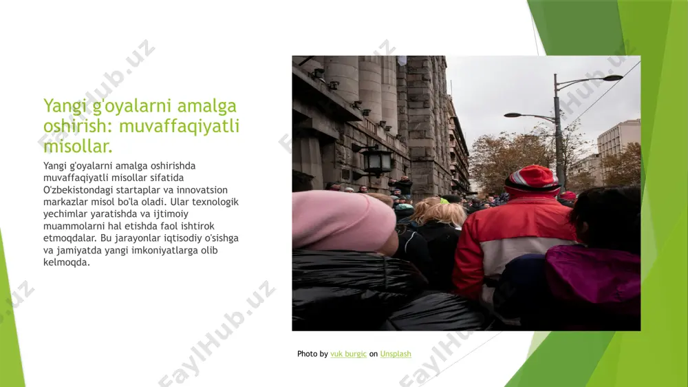 atini rivojlantiradi. photo by kevin curtis on unsplash innovatsion loyihalar: amaliyot va muvaffaqiyat hikoyalari. 1 innovatsion startaplar o'zbekistonda innovatsion startaplar, masalan, 'click' xizmatlari bilan, yangi texnologiyalarni joriy etish orqali iqtisodiy o'sishni rag'batlantirmoqda. 2 ijtimoiy loyihalar 'kichik biznesni rivojlantirish' loyihasi, ayollarni ish bilan ta'minlash va ularning iqtisodiy mustaqilligini oshirishda muhim rol o'ynamoqda. 3 madaniy innovatsiyalar 'o'zbek milliy san'atini yangilash' loyihasi, an'anaviy san'at va zamonaviy texnologiyalarni birlashtirib, madaniyatni yangi darajaga olib chiqmoqda. 4 ta'lim va texnologiyalar 'smart ta'lim' loyihasi, masofaviy ta'lim platformalarini rivojlantirish orqali, talabalar uchun samarali o'qish tajribasini taqdim etmoqda. xulosa innovatsiya jarayonlari innovatsiya jarayonlari yangi g'oyalarni yaratish va ularni amaliyotga joriy etish orqali jamiyatni rivojlantirishda asosiy rol o'ynaydi. texnologiya va madaniyat texnologik innovatsiyalar madaniyatni boyitadi va o'zgarishlarga olib keladi, bu esa ijtimoiy hayotga yangi qadriyatlar va imkoniyatlar kiritadi. ijtimoiy ta'sir innovatsion loyihalar ijtimoiy o'zgarishlarni qo'llab-quvvatlaydi, jamiyatda yangiliklar va o'zgarishlarni yaratishda muhim ahamiyatga ega. e'tiboringiz uchun rahmat! image1.png image2.jpg image3.jpg image4.jpg …