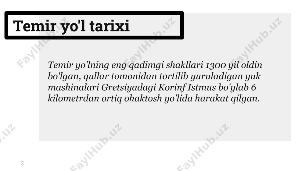 talab ortdi. 10 yo'lovchining temir yo'l transportini tanlashga bo'lgan motivatsiyasi 1 hamyonbop. yuqori xavfsizlik standartlari. tur marshrut bo‘ylab harakat qilish qobiliyati. tekshirish davomiyligi qisqa. 2 shaxsiy qulaylik. yo'lda manzaradan zavqlanish qobiliyati. dam olish imkoniyatlari. qulay turistik marshrut. markazda joylashgan terminallar. 3 oziq-ovqat va ichimliklar xizmati. yuqori to'lov uchun ko'proq hashamat. rest room va boshqa qulayliklar. boshqa ko'plab transportlarga qaraganda sekinroq. 11 temir yo'l turizmi bu sayyohlarni ikkita o'ziga xos strategiyadan foydalangan holda jalb qiladi: klassik poezdni ta'minlash va klassik marshrutlar bo'ylab sayohatni rag'batlantirish. 12 temir yo'l turizmi tushunchasi poyezdda sayohat qilish bilan bog'liq tajriba va formal iste'mol, shu jumladan stansiya, tunnel va madaniy meros temir yo'l arxitekturasini ko'rish va temir yo'l muzeylariga tashrif buyurish qaratilgan turistik xizmat. 13 poyezdlar turlari tezyurar poyezdlar hashamatli poezdlar cargo/mail poyezdi 14 tovarlar va yoqilg'i temir yo'l turizm paketlari 1 glacier milliy bog'lari va grand canyon temir yo'l sayohati 2 yellowston milliy bog'iga sayohatlar va …