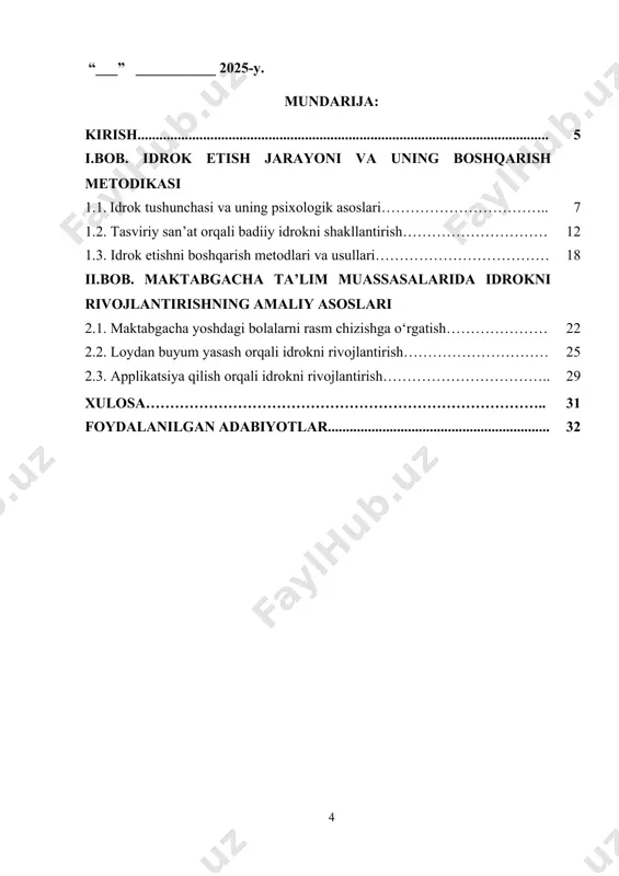 ni rivojlantirish usullarini aniqlash va samarali metodikalarni tavsiya etish ko‘zda tutiladi. shuningdek, rasm chizish, loydan buyum yasash va applikatsiya qilish kabi mashg‘ulotlarning bola idrokiga ta’siri o‘rganilib, ta’lim jarayonida qo‘llash bo‘yicha ilmiy-amaliy tavsiyalar ishlab chiqiladi. kurs ishining vazifalari: · idrok tushunchasining psixologik va pedagogik asoslarini o‘rganish. · bolalarning badiiy idrokini shakllantirishga ta’sir etuvchi omillarni aniqlash. · tasviriy faoliyat orqali idrokni rivojlantirish usullarini tahlil qilish. · rasm chizish, loydan buyum yasash va applikatsiya qilish mashg‘ulotlarining idrok jarayoniga ta’sirini o‘rganish. · idrok etishni boshqarish metodikasining samarali usullarini aniqlash va tavsiyalar ishlab chiqish. kurs ishining ilmiy tadqiqot metodlari. ilmiy adabiyotlarni o‘rganish metodi, pedagogik kuzatuv metodi, pedagogik tajriba metodi, ilg‘or tajribalarni o’rganish metodi, pedagogik tahlil metodi. kurs ishining tuzilishi. kirish, 2 ta bob, umumiy xulosa va foydalanilgan adabiyotlar ro‘yxatidan iborat. i.bob. idrok etish jarayoni va uning boshqarish metodikasi 1.1. idrok tushunchasi va uning psixologik asoslari idrok – bu insonning atrof-muhitni anglash jarayoni bo‘lib, hissiy sezgilarga …