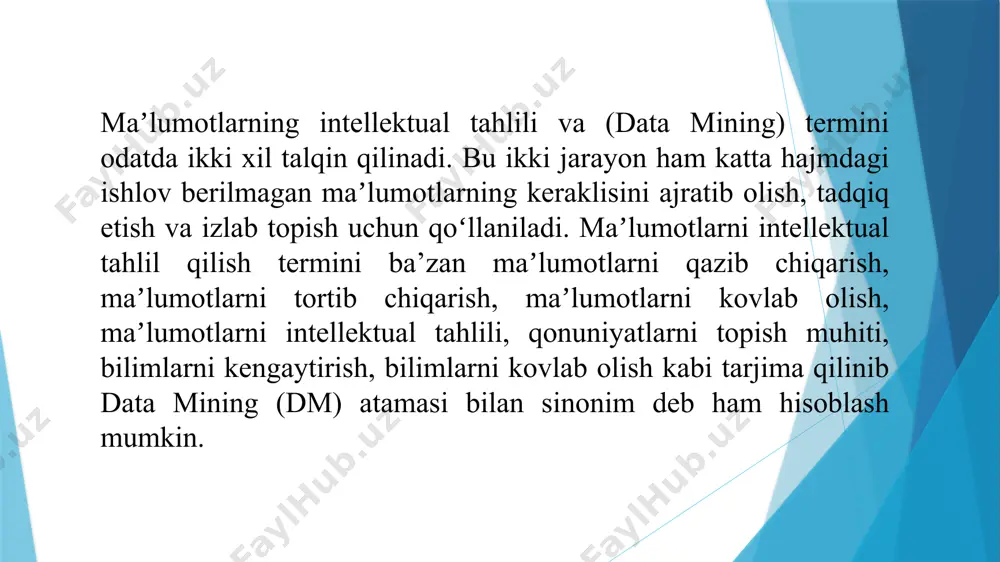 si uchun kerak - bu ko'plab misollarni o'z ichiga oladi, lekin ular bilan cheklanmaydi, jumladan: moliyaviy prognozlash (masalan, uy bahosi yoki aktsiya bahosi) sotish va aksiyalarni prognozlash. korrelyatsiya tushunchasi investorlar tomonidan investitsion portfellarni tuzishda faol foydalaniladi. ular doimiy ravishda neft narxi va dollar kursi o'rtasidagi bog'liqlikni kuzatib boradilar va turli yirik kompaniyalar aksiyalarining korrelyatsiya koeffitsientini baholaydilar. bunday kuzatishlar investorlarga eng samarali portfelni yaratishga va risklarni diversifikatsiya qilishga yordam beradi. rivojlanish davri (1980-1990 yillar): ekspert tizimlari va sun’iy intellekt. ekspert tizimlari va sun’iy intellekt texnologiyalari maʼlumotlarni tahlil qilish va oʻrganish uchun yangi imkoniyatlarni yaratdi. bundan tashqari maʼlumotlar bazasi texnologiyalarining rivojlanishi maʼlumotlarni samarali saqlash va ajratib olishga imkon berdi. bu maʼlumotlarni intellektual tahlil qilish sohasining yangi bosqichga chiqishiga katta yordam berdi. maʼlumotlar intellektual tahlilning rivojlanish bosqichlari data mining (dm) sohasining paydo boʻlishi (1990-2000 yillar). 1990-yillarda “data mining” (maʼlumot qazib olish) atamasi paydo boʻldi, hamda maʼlumotlar tahlili va intellektual tahlil uchun yangi metodologiyalar …