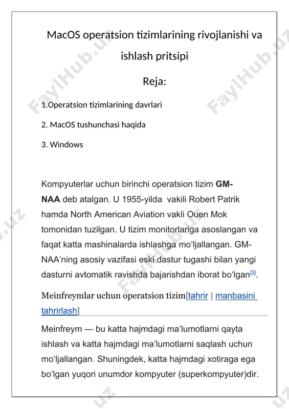 atda, bir vaqtning oʻzida koʻplab amallarni qayta ishlashga qaratilgan boʻlib, ularning aksariyati juda katta hajmdagi kiritish-chiqarish maʼlumotlari (i/o)ni talab qiladi. meinfreymlar uchun operatsion tizimlarning uch turi mavjud: · toʻplamni qayta ishlash; · vaqtni taqsimlash va koʻp vazifalarni bajarish; · toʻla taqsimlash[4]. toʻplamni qayta ishlash[tahrir | manbasini tahrirlash] toʻplamni qayta ishlovchi operatsion tizim deganda foydalanuvchi ishlari kirish qurilmalarida ketma-ket partiyalar sifatida qayta ishlash uchun taqdim etiladigan va qayta ishlash jarayonida foydalanuvchi va uning ishi oʻrtasida hech qanday oʻzaro taʼsir boʻlmagan tizim tushuniladi. partiya rejimi kompyuterning periferik uskunasiga maksimal yuklanishdan foydalanadi. vaqtni taqsimlash va koʻp vazifalarni bajarish[tahrir | manbasini tahrirlash] vaqtni taqsimlash bir nechta masofaviy foydalanuvchilarga bir vaqtning oʻzida kompyuterda oʻz ishlarini bajarishga imkon beradi, masalan, katta maʼlumotlar bazasiga soʻrovlar yuborishda qoʻl keladi. bu funksiyalarning barchasi bir-biri bilan chambarchas bogʻliq va koʻpincha universal mashinalarning operatsion tizimlari ularni yaxlit holda bajaradi. umumiy maqsadli mashinalar uchun operatsion tizimga os/360ʼning vorisi os/390 misol boʻla oladi. …