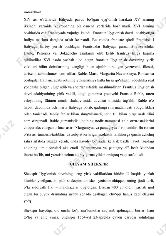 hekspir uyg‘onish davrining eng yirik vakillaridan biridir. u haqida yuzlab kitoblar yozilgan, ko‘plab shekspirshunoslar yetishib chiqqan, uning ijodi turli, o‘ta ziddiyatli fikr – mulohazalar uyg‘otgan. bizdan 400 yil oldin yashab ijod etgan bu buyuk dramaturg ushbu sohada egallagan cho‘qqi hanuz zabt etilgani yo‘q. shekspir hayotiga oid uncha ko‘p ma’lumotlar saqlanib qolmagan, borlari ham to‘liq va aniq emas. shekspir 1564-yil 23-aprelda eyvon daryosi sohilidagi stratfort shahrida tug‘ilgan. shekspirning ajdodlari yemenlar-ya’ni erkin dehqonlar bo‘lganlar.ular orasida jasur jangchilar,nayzadorlar, yoyandozlar bo‘lganligi taxmin qilinadi. “shekspir” so‘zi - “nayza o‘ynatuvchi” ma’nosini anglatadi. shekspirning otasi hunarmand-savdogar bo‘lgan, u charm va charm qo‘lqop bilan savdo qilgan. ishlari yurishgan davrlarda hatto shahar meri qilib ham tayinlangan. biroq ishlari orqaga ketib singach, oila haqida qayg‘urish, g‘amho‘rlik qilish katta o‘g‘li uilyam zimmasiga tushadi. stratfordda shekspir ta’lim olgan maktab ingliz tili bilan bir qatorda qadimgi lotin va yunon tillari o‘qitilgan. uilyam qobilyatli o‘quvchi bo‘lgan, hatto keyinchlik shu maktabda o‘qituvchi yordamchisi bo‘lib ishlagan.ayni …