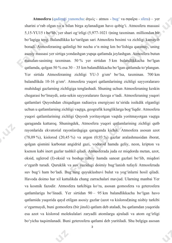 chang zarrachalari mavjud. ularning manbai yer va kosmik fazodir. atmosfera tarkibiga koʻra, asosan gomosfera va geterosfera qatlamlariga boʻlinadi. yer sirtidan 90 – 95 km balandlikkacha boʻlgan havo qatlamida yuqorida qayd etilgan asosiy gazlar (azot va kislorod)ning nisbiy tarkibi oʻzgarmaydi, buni gomosfera (bir jinsli) qatlam deb ataladi, bu qatlamdan yuqorida esa azot va kislorod molekulalari zaryadli atomlarga ajraladi va atom ogʻirligi boʻyicha taqsimlanadi. buni geterosfera qatlami deb yuritiladi. shu belgiga asosan ozonosfera (20 – 55 km) va ionosfera (90 km dan yuqori) qatlamlarini ham ajratish mumkin. ozonosfera qatlami tufayli yer yuzida hayot mavjud, chunki quyoshdan kelayotgan va hayot uchun zararli boʻlgan har xil nurlarning asosiy qismi shu qatlamda yutiladi. ionosfera ionlar konsentratsiyasi taqsimlanishi boʻyicha 60 km balandlikda d, po– 140 km balandlikda ye, 220 km dan yuqorida fqatlamlarini hosil qiladi. atmosfera quyosh radiatsiyasining maʼlum qismini yutadi va sochadi. atmosferada issiklik koʻproq turbulent (uyurma) harakat, radiatsiya jarayonlari va suvning fazoviy oʻzgarishlari orqali …