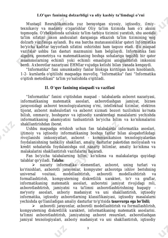 jami m a’ ru za a m al iy l ab o r. m u st aq il ta ’l im 1 axborot, uning turlari va ko'rinishlari, uzluksiz va diskret axborotlar. 10 2 2 2 4 2 axborotning xossalari, axborotni tasvirlash usullari 14 2 2 4 6 3 axborotni kodlash 22 2 10 4 6 4 axborotning sintaktik, semantik va pragmatik o'lchovlari 12 2 2 2 6 5 bilimlarni olish usullari, bilimning asosiy xossalari 10 2 2 6 6 bilimlar ombori va ekspert tizimlari 10 2 4 4 7 axborot texnologiyalari tushunchasi va ularning turlari 10 2 2 6 8 zamonaviy axborot texnologiyalari va ularning jamiyat taraqqiyotidagi roli. 12 2 4 6 9 vatanimizda informatika fanining holati va rivojlanish istiqbollari. 8 2 6 1- semestr jami: 108 18 16 24 50 10 axborotni jamiyat rivojidagi roli 4 2 2 11 ta'limni axborotlashtirish, jamiyat va ta'limni axborotlashtirishning huquqiy-me'yoriy asoslari. 4 4 …