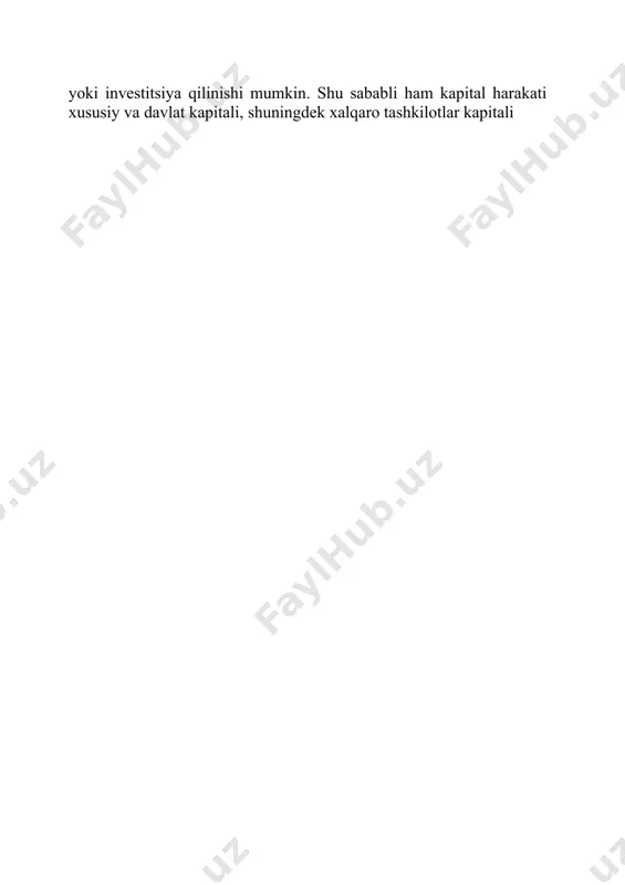 o‘yilmalar tovar kreditlari ko‘rinishida olib kelinishi va olib chiqilishi mumkinligi uchun uning harakati pul va tovar shakllariga ajratiladi. muddati bo‘yicha kapital harakati qisqa va uzoq muddatli bo‘lishi mumkin. qisqa muddatly kapitalga bank depozitlari va turli moliyaviy institutlar hisoblaridagi mablag‘lar, qisqa muddatli qarzlar kiradi. uzoq muddatli kapitalni olib kelish va olib chiqish deganda to‘g‘ri investitsiyalar, portfel investitsiyalar, uzoq muddatli qarzlar tushuni- ladi. kapital harakatining barcha shakllari bir-biri bilan o‘zaro bog‘liq va ularni ajratish shartlidir. masalan, kapital qo‘yilmalar ko‘rinishidagi xorijiy portfel investitsiyalar xalqaro kreditga ham kiritilishi mumkin. 10.1. zamonaviy bosqichda kapital harakatiningxususiyatlari. zamonaviy bosqichda kapital harakati qator o‘ziga xos xususiyat- lariga ega bo‘lib, ulardan quyidagilarni ajratib ko‘rsatish mumkin. birinchidan, rivojlangan mamlakatlarda kapital jamg‘arishning katta miqdordagi va nisbatan ortiqchaligi tufayli kapital harakatining keskin o‘sishi. so‘ngi 20 yil davomida kapital eksportining jahon tovar aylanishidagi qissasi ikki marta ko‘paydi va hozirgi vaqtda 15 foizdan ortig‘ini tashkil etadi. 1970 yillardan boshlab xalqaro ayirboshlash tarixida birinchi bor …