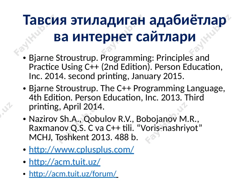 тификаторлар узунликлари чегараланмаган. мисол abc a12 nameofperson bytes_per_word12x a-b нотўғри идентификаторлар ва номлар ::= | _ | | _ | ::= | | | | | | | | | | | | | | | | | | | | | | | | | | | | | | | | | | | | | | | | | | | | | | | | | | | ::= 0 | 1| 2| 3 | 4 | 5 | 6 | 7 | 8 | 9 идентификатор, ҳарф ва рақам ::= and | and_eq | asm | auto | bitand | bitor | bool | break | case | catch | char | class | compl | const | const_cast | continue | default | delete | do | double | dynamic_cast | else | enum | explicit | export | extern | false | float …