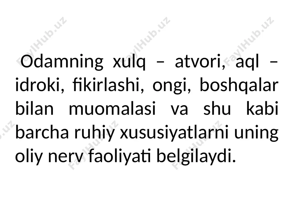 aga keladigan javob reaksiyasidir. mnsning qaysi qismi ishtirok etishiga ko’ra: shartli reflekslar shartsiz reflekalar shartsiz refleklar – tug’ma bo’lib, odam organizmidagi muhim hayotiy jarayonlarni ta’minlashga qaratilgan. shartsiz refleklar doimiy, ya’ni ular odamning hayoti davomida yo’qolib ketmaydi. bu reflekzlar nasldan – naslga o’tadi. shartli reflekslar – odamning hayoti davomida hosil bo’ladi. muayyan shartli refleks uzoq vaqt takrorlanmasa so’nishi mumkin. shartli reflekslar shartsiz reflekslar asosida hosil bo’ladi. shartsiz reflekslar qon aylanishi nafas olish najas va siydik ajralishi va b. ovqat chaynash, yutish maktabga bormagan yosh bola qo’ng’iroq nima uchun chalinishini bilmaydi maktabga borgan kundan o’qituvchilar qo’ng’iroq chalinishini tushuntiradi bolada qo’ng’iroqqa nisbatan harakat reflekslari paydo bo’ladi darsga kirishga qo’ng’iroq chalinganda bola sinf tomon turadi darsdan chiqishga qo’ng’iroq chalinganda u daftar-kitobini yig’ishtirib, tashqariga chiqishga harakat qiladi. nerv sistemasi gigiyenasi. odam tug’ilganidan boshlab butun umri davomida aqliy va jismoniy faoliyatning takomillashishi, ya’ni tarbiyalanishi, bilim olishi, hunar o’rganishi miya po’stlog’idagi nerv markazlarining funksional holatiga bog’liq. har …