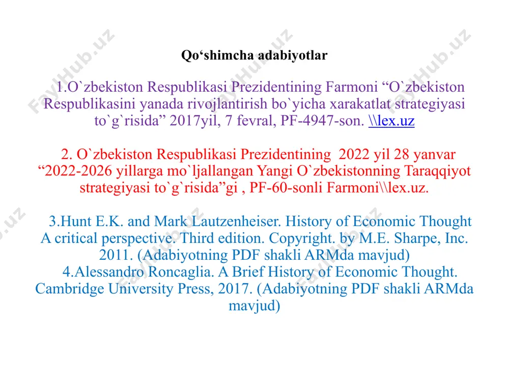 a tanilgan al-farg'oniy, al-xorazmiy, forobiy, beruniy, ibn sino, yusuf xos hojib, nizom-ul-mulk va boshqa ko'plab mutafakkirlar yashab, ijod qilishdi. ularning asarlarida iqtisodiy g'oyalar ham o'z aksini topgan. sharq renessansi davridagi olimlar shu davrdagi tijorat, mulkdorlik hunari sirlarini bayon etganlar. ularning asarlaridagi umumbashariy iqtisodiy taffakkur bugungi kunda ham dolzarbligi bilan muhim o'rin tutadi. 1.3.klassik maktab vakillarining iqtisodiy qarashlari rеja: adam smit asarlarida klassik maktab g’oyalarining yanada rivojlantirilishi. a.smit manufaktura davrining iqtisodchisi sifatida. a.smit “xalqlar boyliging tabiati va sabablari to’g’risidagi tadqiqot” nomli asari, feodalizmga munosabat. merkantalizm tanqidi va fritrederlik(erkin savdo)ning asoslab berilishi. a.smit va fiziokratlar. a.smit uslubi. uning mehnat taqsimoti, ayirboshlash va pul haqidagi ta’limotlari. a.smitning qiymatning mehnat nazariyasini rivojlantirishga qo’shgan hissasi adam smit asarlarida klassik maktab g’oyalarining yanada rivojlantirilishi. buyuk shotlandiya iqtisodchisi adam smitning «odamlar boyligining tabiati va sabablari to‘g‘risida tadqiqot» asari zamonaviy iqtisodiy fanining boshlanishi hisoblanadi. a.smit o‘z davridagi iqtisodiy bilim va kontseptsiyalarini umumlashtirdi va sistemaga tushirdi. u xo‘jalik hayotining …