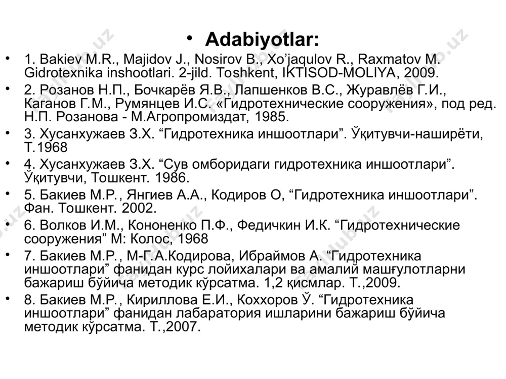 evrolitlar va boshqalardan foydalanishga imkoniyat yaratadi. to’kmaning donodorlik tarkibi shunday bo’lishi kerakki, uning eng yuqori zichligi ta’minlanishi kerak. maydaroq va mustahkamligi kam bo’lgan gruntlar tayanch prizmalarning ichki, mustahkamligi katta bo’lgan yirik gruntlar tashqi zonaga yotqiziladi. toshdan barpo etilgan to’g’onlarning afzalliklari va kamchiliklari. qazib olish va to’g’on tanasiga toshni yotqizish bo’yicha hamma jarayonlar kompleks mexanizatsiyalashgan va ishchi kuchini kam sarflab qisqa muddatda bajarilishi mumkin. to’g’on qurilishini yil davomida olib borish mumkin, bu og’ir iqlim sharoitlarida va yuqori tog’li xududlarda barpo etiladigan to’g’on turini tanlashda hal qiluvchi omil hisoblanadi. hamma toshli to’g’on turlari seysmik jihatdan ustivor. zarurat tug’ilganda gidrouzdel ishiga xalaqit bermasdan ularning balandligini oshirish mumkin. ularning balandligi chegaralanmagan. tosh-to’kma to’g’on turlari: a-gruntmas materialli ekranli; b-dnafragmali; 1-to’g’on tanasi; 2-tsementli to’siq parda; 3-betonli tish; 4-temir-betonli ekran; 5-ekran ostiga terilgan tosh; 6-yuqori prizma; 7-diafragma; 8-o’tish qatlamlari (zonalari); 9-pastki prizma qatlamli ekran sxemasi: 1-o’zgaruvchan qalinlikdagi pastki plita; 2-zichlagichlari bo’lmagan plita choklari; 3-uzluksiz armatura; 4-doimiy qalinlikdagi …