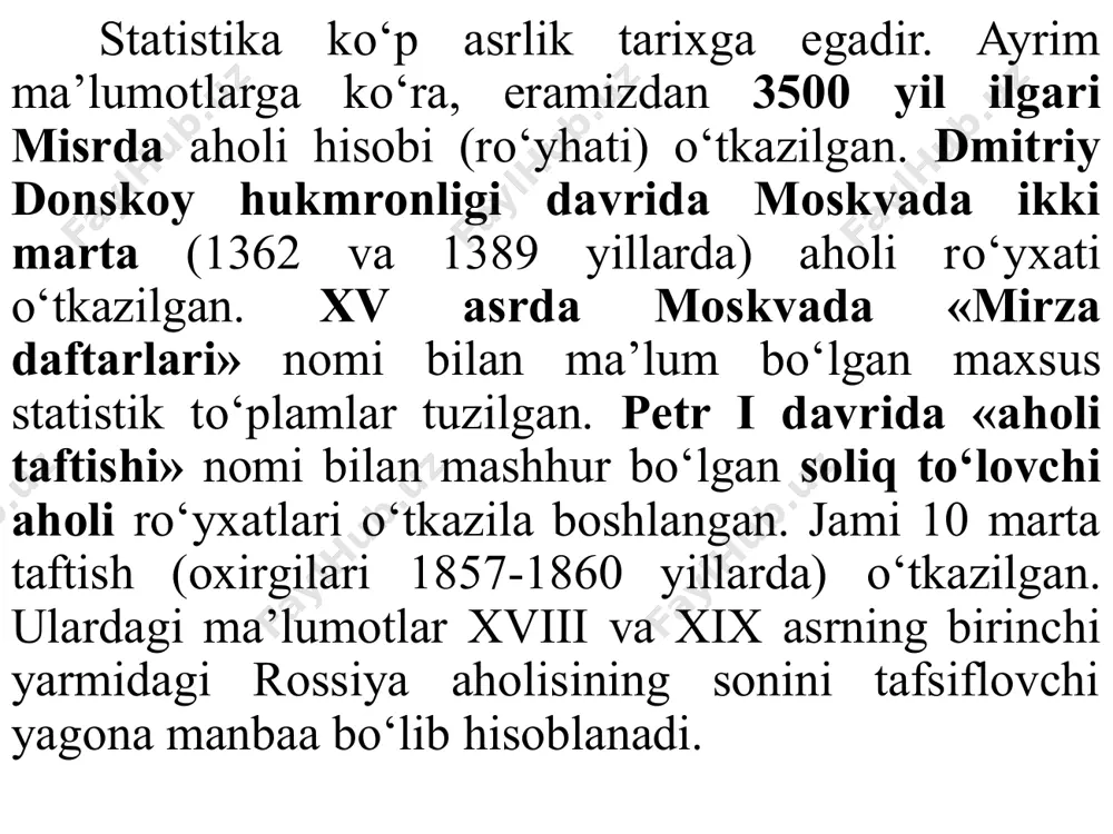 ini belgilaydigan bilimlar majmuasi nazarda tutiladi. bu masalaga statistika qo‘llanish sohalari ham aloqadordir. statistika o‘rganish obyekti - bu ommaviy hodisa va jarayonlardir. 13 sifat va miqdor tо‘g‘risidagi tushunchalar ham statistika fani bilan bog‘liq bо‘lgan masalalardir. ma’lumki, tabiat va jamiyatda uchraydigan har qanday hodisa о‘zining sifat va miqdor tomoniga ega. sifat deyilganda hodisaning ichki qiyofasi va aniqligi, uning rivojlanish qonuni va qonuniyatlar bilan bevosita bog‘liq bо‘lgan tub mohiyati tushuniladi. miqdor deyilganda hodisaning u yoki bu xususiyati va belgisining yuzaga chiqish me’yori, soni va darajasida ifodalangan uning tashqi qiyofasi, aniqligi tushuniladi. misol qilib paxta yetishtirishni olaylik. paxta - sifat, yerni haydash va chigit ekishdan boshlab yetishtirilgan hosilni yig‘ib olishgacha bо‘lgan davrda sarflangan mehnat mahsuli. u tuzilishi, xususiyatlari, iste’mol qiymati bilan boshqa mahsulotlardan farq qiladi. shu bilan birga yetishtirilgan paxta о‘z miqdoriga ham ega. 14 o'rganish ob`ekti statistikaning o'rganish ob'ekti - bu ommaviy hodisa va jarayonlardir ommaviy hodisa umumiy ta'rifi: ayrim ob'ektlar to'plamida …