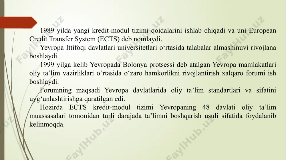 ydi. - agar talabaning yakuniy nazoratdan olgan (yan) bahosi “3” bahodan past bo‘lsa; i ii iii talaba akademik qarzdorligi bo‘lgan fanidan qayta ta’lim olish uchun ta’til vaqtida o‘z hisobidan qayta o‘qish huquqiga ega. talaba 1 yoki undan ko‘p o‘zlashtirmagan fanlari bo‘lsa, akademik qarzdor hisoblanadi talaba quyidagi holatlarda akademik qarzdor hisoblanadi: - agar talabaning semestrda ma’ruza, amaliy, semenar hamda laboratoriya mashg‘ulotlari bo‘yicha olgan (jn va on) bahosi “3” bahodan past bo‘lsa; fanlardan oʻtkazilgan dastlabki yakuniy ishidan ijobiy baho olmagan (8-shaklda) talabalarga mustaqil tayyorlanish asosida 1 oy davomida 8a-shakl boʻyicha umumiy tartib asosida qayta topshirishga, soʻngra pullik toʻlov asosida 8b-shaklga qayta topshirish imkoniyati beriladi. akademik qarzdor talabaning fanni va boshqa ta’lim elementlarini (fanlardan farqlarni, malakaviy amaliyot va shu kabilarni) qayta o‘qishi pullik asosida quyidagi tartibda tashkil qilinadi: - imtiyozli ravishda o‘qishga qabul qilingan (1-2-guruh nogironlari, “temir daftar” ro‘yxatiga kiritilgan oila farzandlari, chin yetim va ota-ona qaramog‘idan mahrum bo‘lganlar) talabalardan qayta o‘qishi uchun …