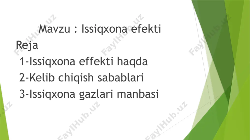 ularga qazilma yoqilgʻilarining yonishi, koʻmir konlarining oʻzlashtirilishi kiradi. ikkinchisi, tabiiy, ular ikkinchi darajali taʼsir koʻrsatadi.tabiiy issiqxona gazlarining asosiy qismi vulqon otilishi natijasida atmosferaga qoʻshiladi. shuningdek yirik oʻrmon yongʻinlari oqibatida ham hosil boʻladi. quyosh nurlarining koinotga qaytib chiqib ketmasligi oqibatida yer yuzi meʼyoridan ortiq qiziydi. ushbu hodisa oqibatida sutkalik eng yuqori va eng past harorat orasidagi farq kichik boʻladi. bu esa yer yuzida issiqlikning keskin oshishiga olib keladi. yer yuzida oʻrtacha haroratning ortishi oqibatida qutb muzlari eriydi, bu esa dengiz sathining koʻtarilishiga olib keladi. natijada bir qancha orollar suv ostida qoladi. quruqlikda esa choʻllashish hodisasi kuzatiladi.[1] atmosferada issiqxona effektini keltirib chiqaruvchi gaz miqdorining ortishi sayyoradagi tabiiy issiqlik muvozanatini buzadi. flora va fauna dunyosining keskin issiqlik oʻzgarishiga tez moslasha olmasligi sababli tabiatga yirik miqyosda zarar yetadi. shuningdek aholi zich joylashgan shaharlarda aksariyat qariyalar va surunkali kasali bor qatlam jaziram issiqda aziyat chekadi. aholi sogʻligiga issiqlikning keskin oshishi salbiy taʼsir koʻrsatadi. xulosa men …
